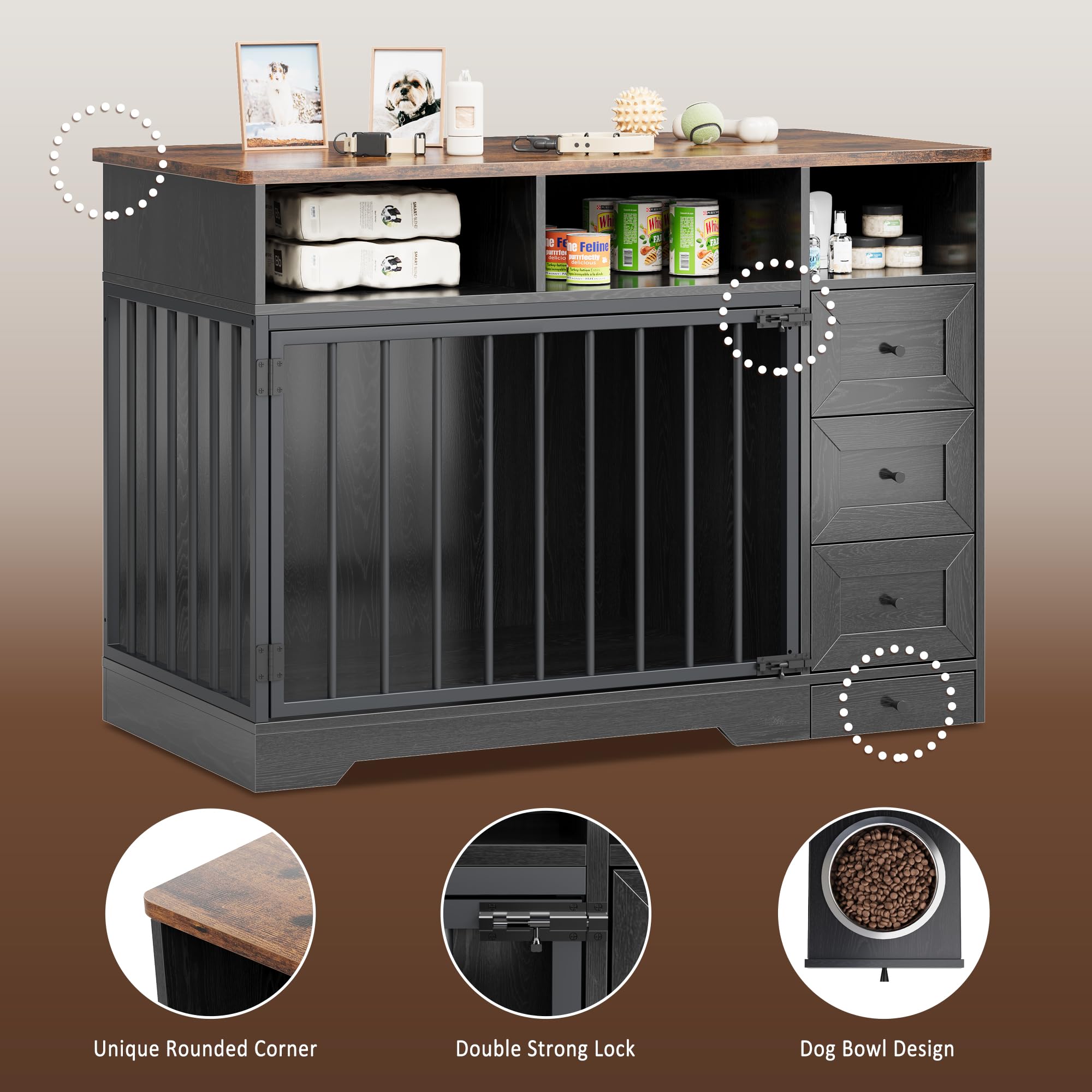 GarveeHome Dog Crate Furniture for Small Dogs, Wooden Dog Kennel Indoor with Storage Shelves, 3 Drawers & Hidden Bowl, Modern Pe