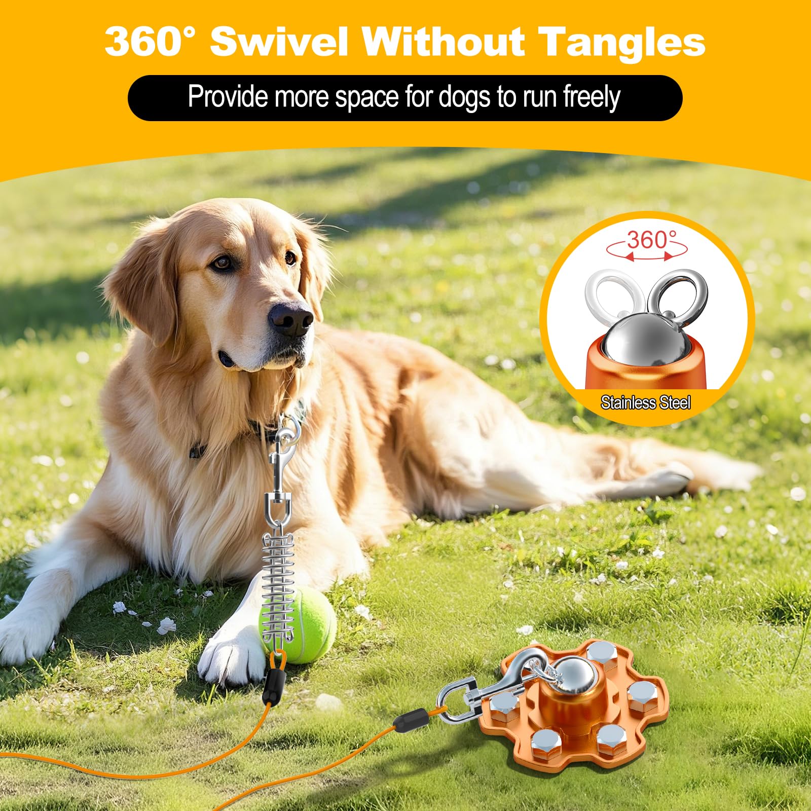 Tivray Dog Tie Out Stake, 360 Swivel Stake No Tangle, Heavy Duty Tether for Yard (No Cable) with 6 Strong Screw Anchors Hold up