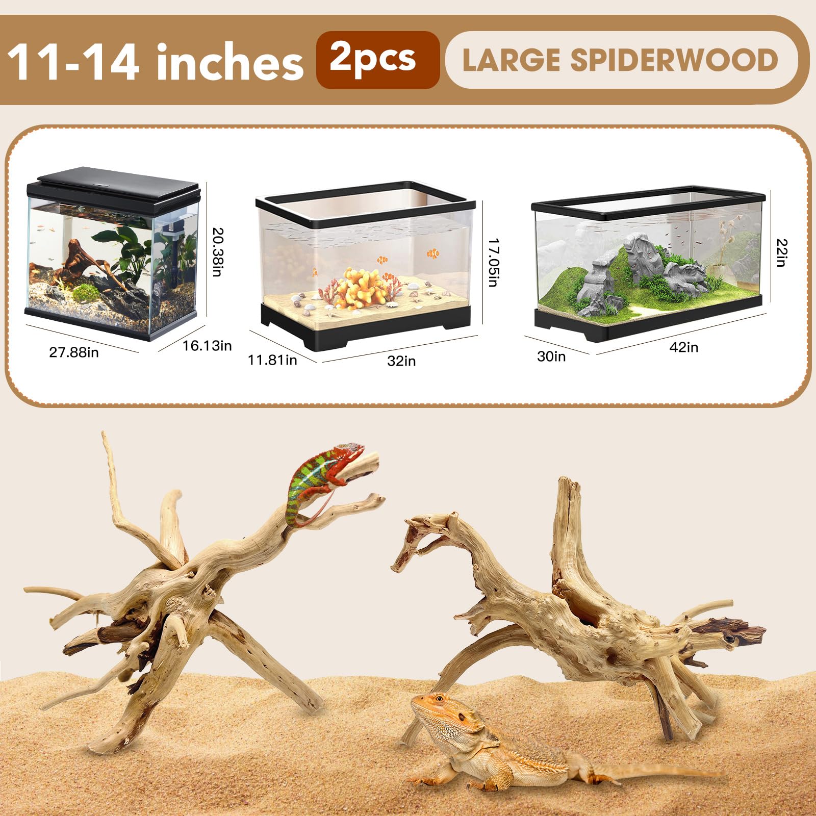 Jorewood Natural Large Spiderwood Driftwood for Aquarium Decor Rptile Fish Tank Decoration Assort Branch 11-14   2 Pcs