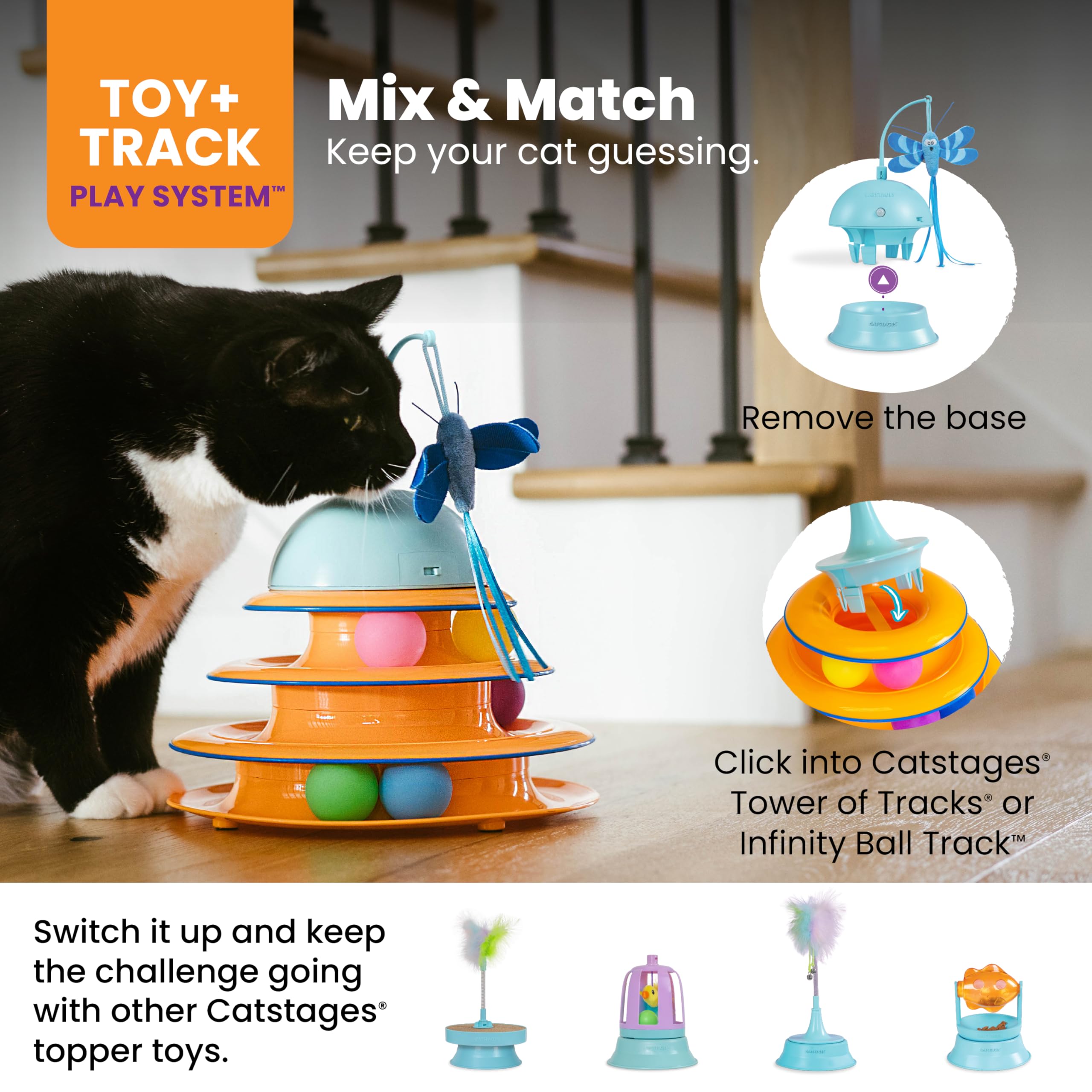 Catstages 2-in-1 Flutter Dome Electronic Cat Toy, Plush Motion, One-Size, Blue, Model 71449