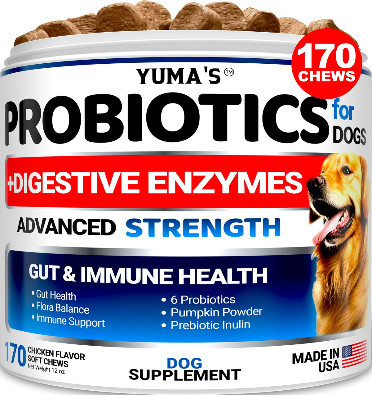 Probiotics For Dogs And Digestive Enzymes - 170 Dog Probiotics Chews - Dog Probiotic - Anti Diarrhea, Upset Stomach & Gas Relief, Constipation, Canine Prebiotic - Pet Fiber Supplement - Gut Health