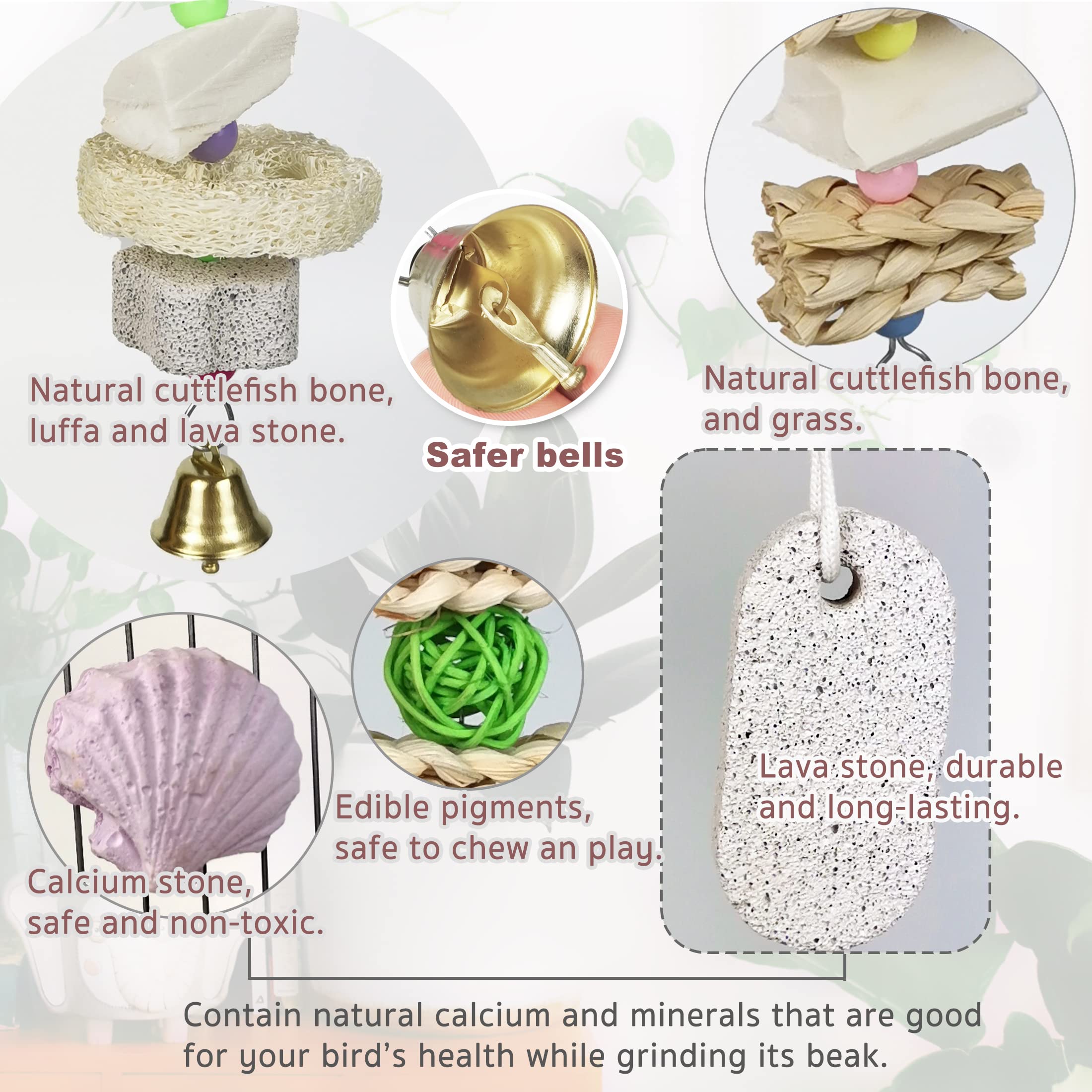 Parrot Chewing Toys (6 Pcs) Natural Cuttlebone Bird Beak Trimmer Grinding Stone Lava Block Calcium Stone Bird Perch Cage Toys Fo