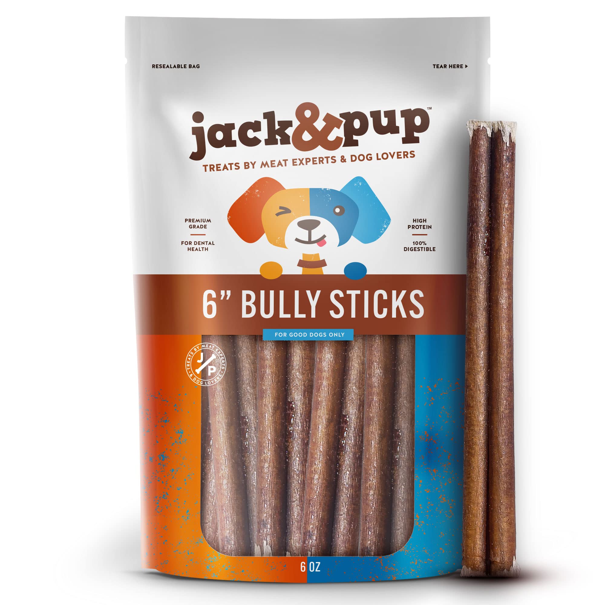Jack&Pup 6 Bully Sticks Dog Chews | Odor Free Bully Sticks | Single Ingredient, All Natural Pizzle Sticks for Dogs (6oz, 10/12 S