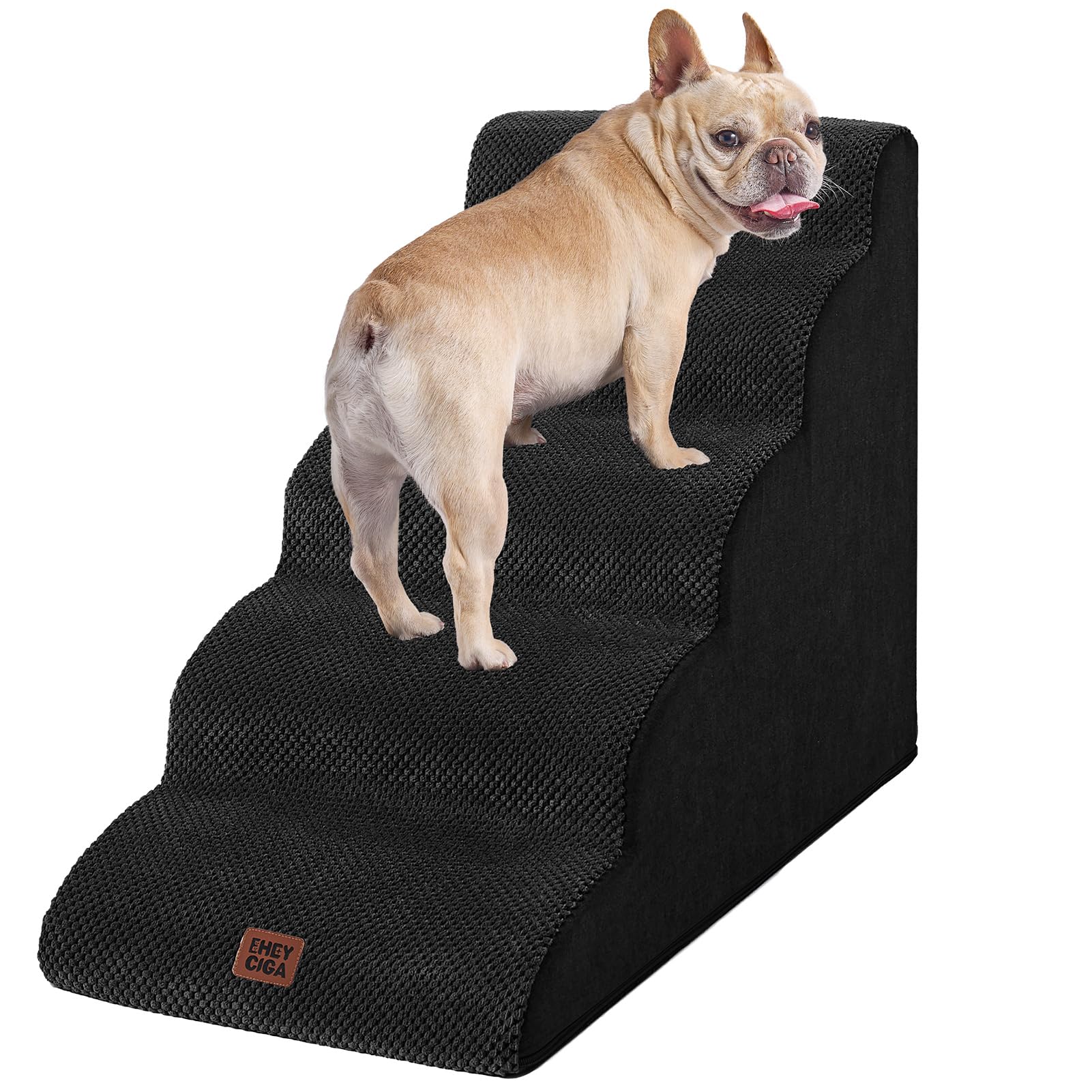 Eheyciga Curved Dog Stairs Ramp For High Beds 22.6' H, 5-Step Dog Steps For Small Dogs And Cats, Pet Stairs For High Bed Climbing, Non-Slip Balanced Pet Step Indoor, Black