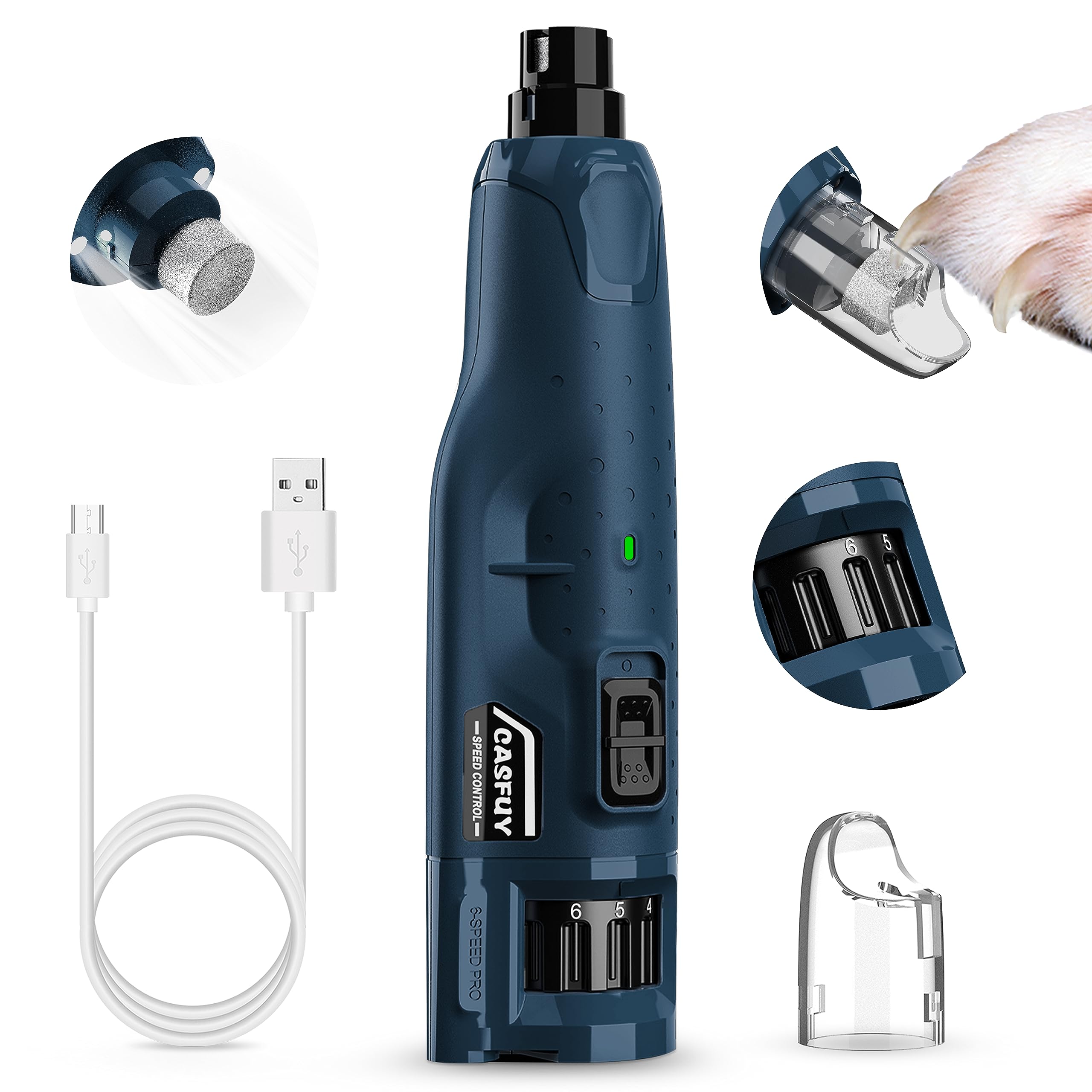 Casfuy Dog Nail Grinder Quiet - (45Db) 6-Speed Pet Nail Grinder With 2 Led Lights For Large Medium Small Puppy Dogs/Cats, Professional 3 Ports Rechargeable Electric Dog Nail Trimmer With Dust Cap