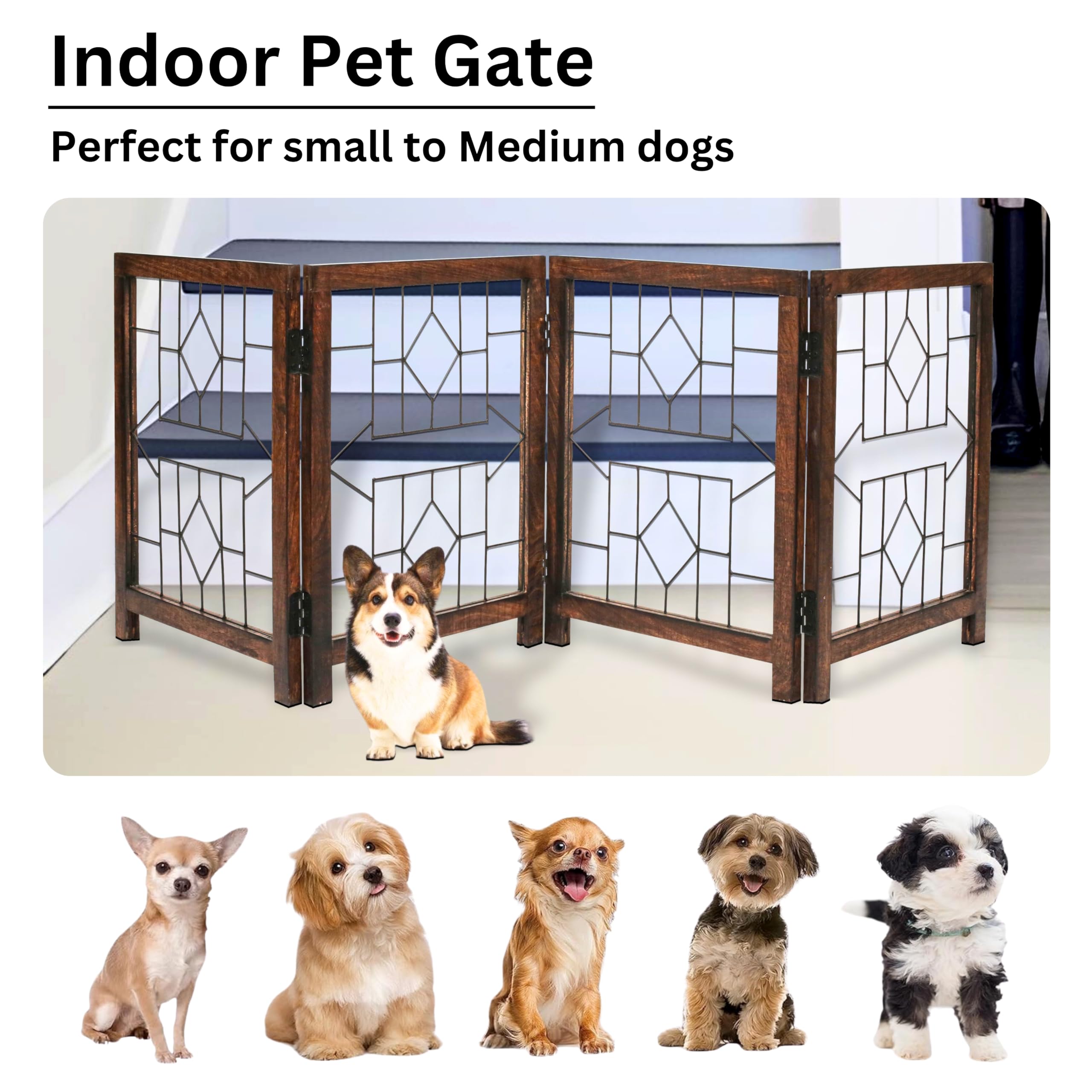 Antique Burnt 24 X 72 Dog Gate - 4 Panels, Indoor & Outdoor, Stairs & Doorway, Free Standing Dog Gate With Door, 24 X 72 With 4