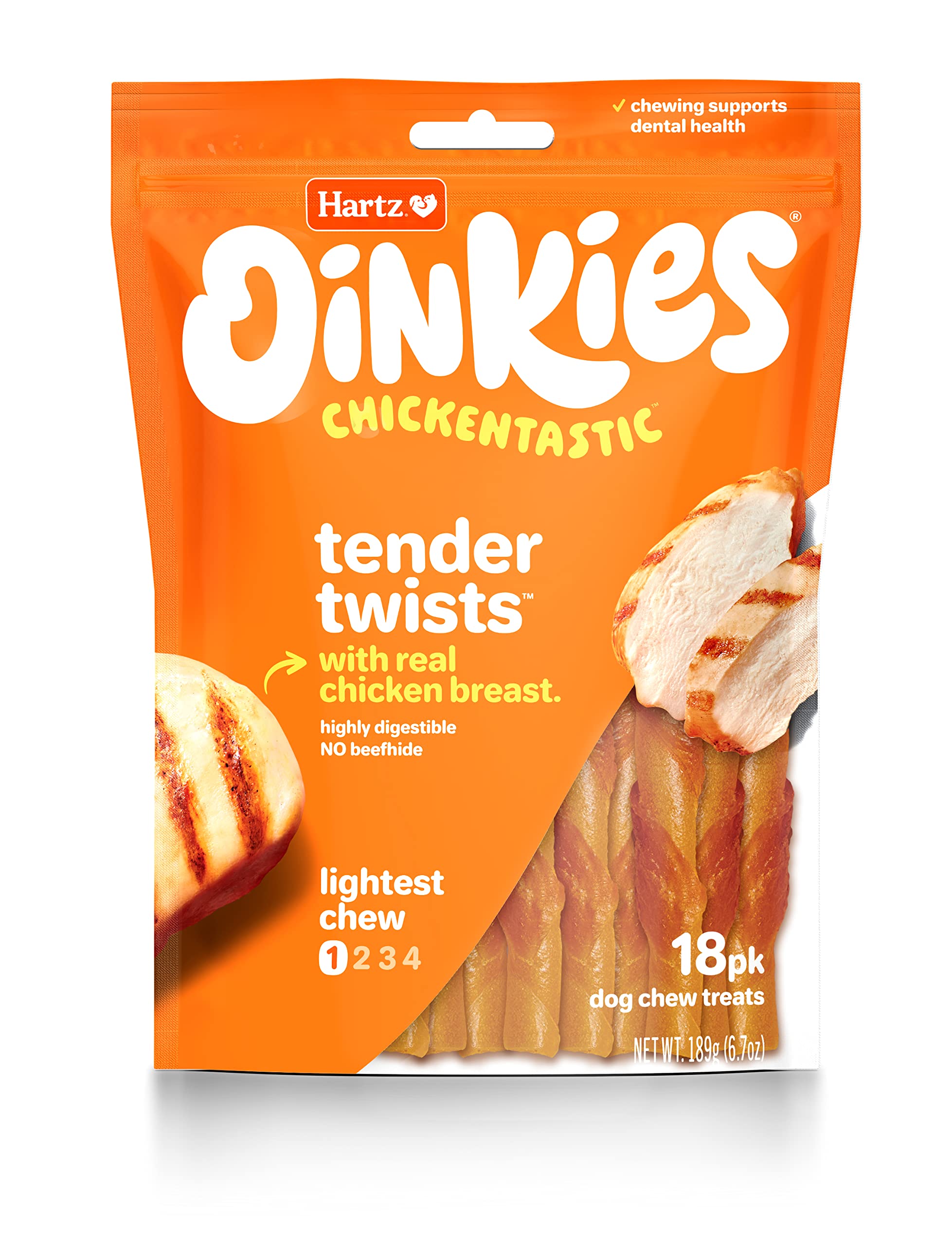 Hartz Oinkies Rawhide-Free Tender Treats Wrapped with Chicken Dog Treats Chews, 18 Count, Highly Digestible, No Artificial Flavo