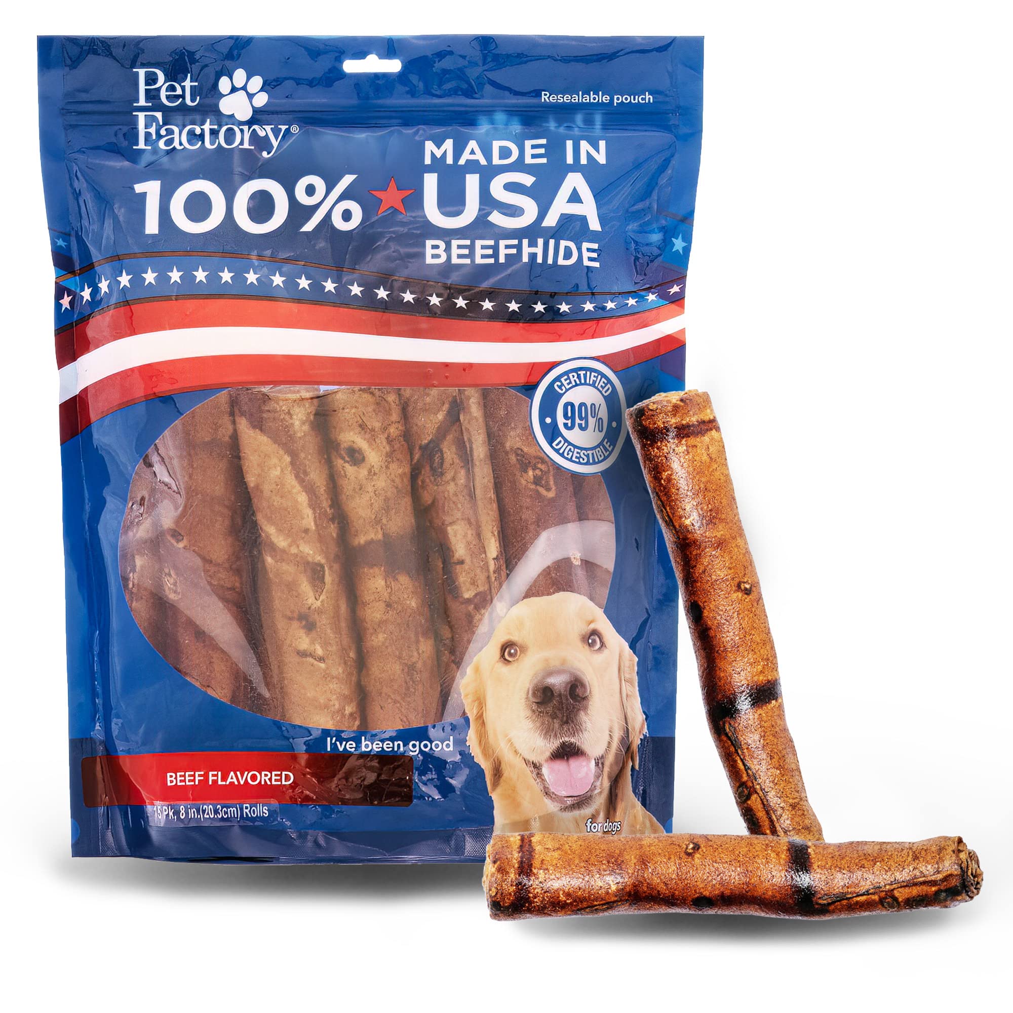Pet Factory 100% Made in USA Beefhide 8 Rolls Dog Chew Treats - Beef Flavor, 15 Count/1 Pack