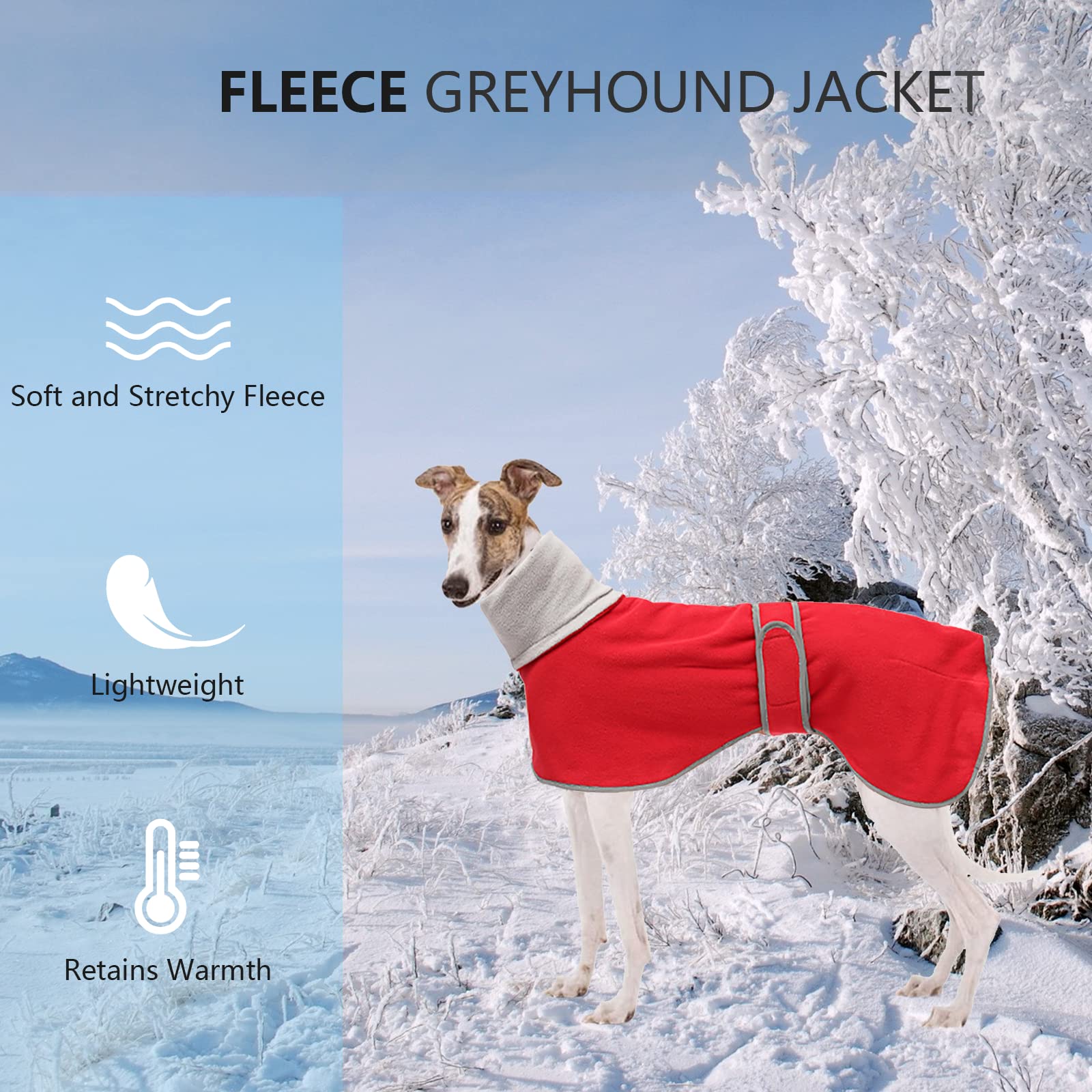 Geyecete Greyhound Cosy Fleece Jumper, Dog Winter Coat With Warm Fleece Lining, Outdoor Dog Apparel With Adjustable Bands For Medium, Large Dog -Red-Xl