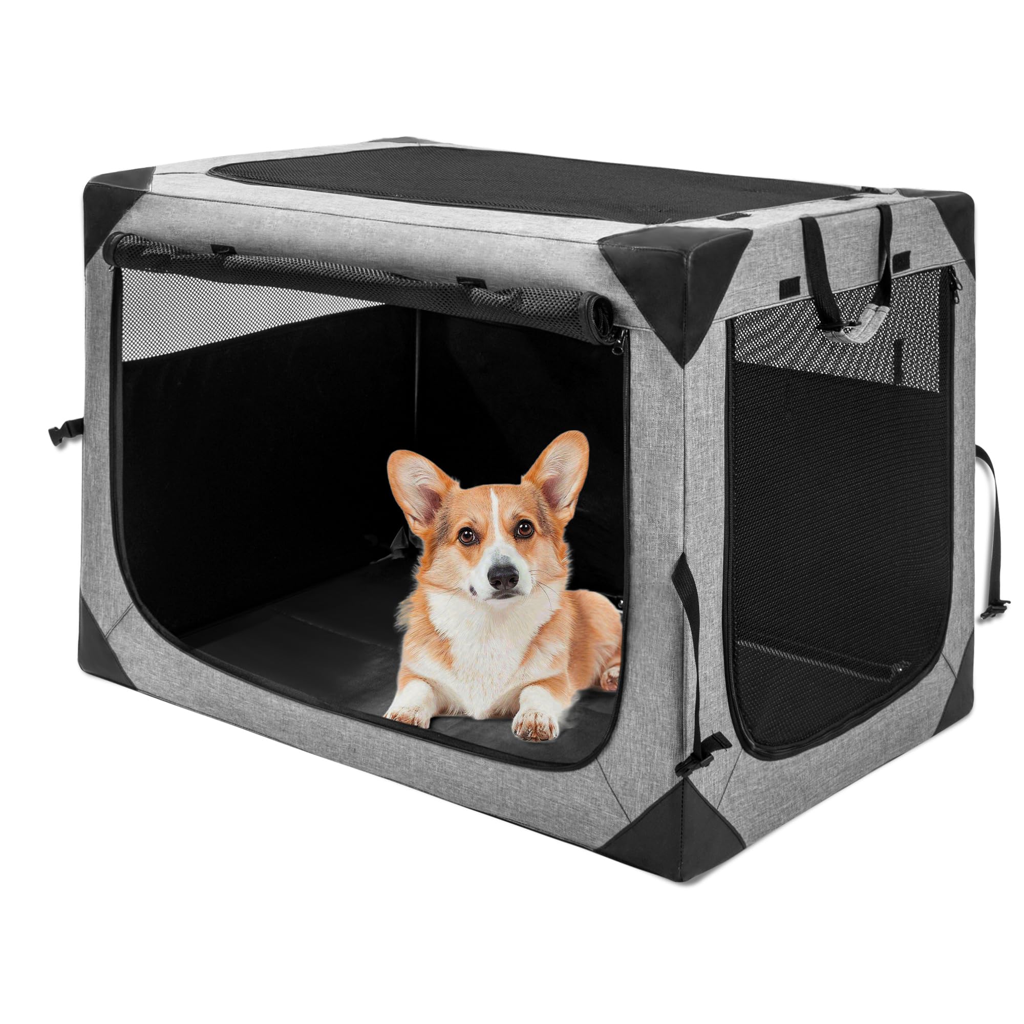 Hiaksedt Dog Crates - 30 Inch Collapsible Soft Dog Crate, 3-Door Foldable Soft Kennel for Medium Dogs, Portable Pet Travel Cage 