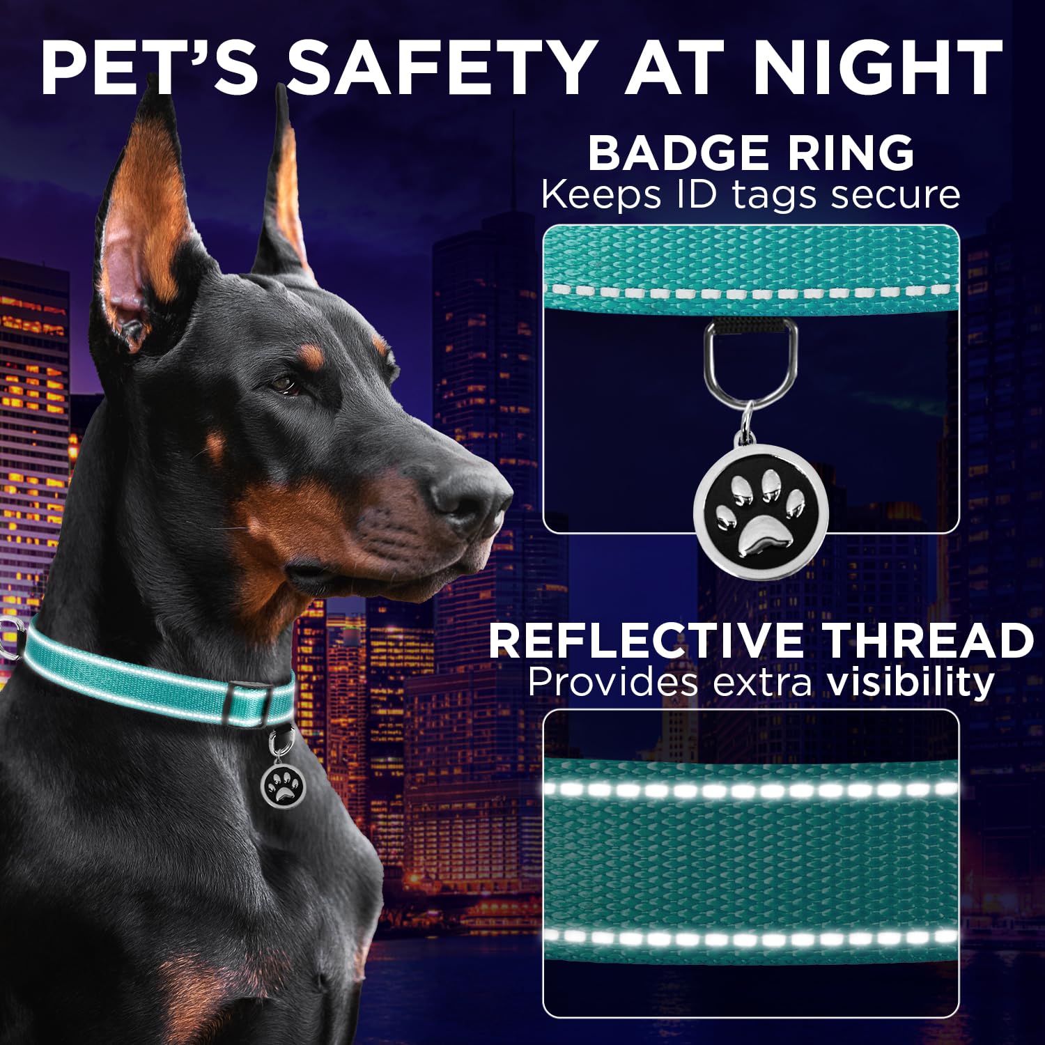 Teceum Reflective Pet Collar - Teal - M - Extra Soft Padding - Basic Nylon Dog Collar - Quick Release Buckle - Fits Small, Mediu