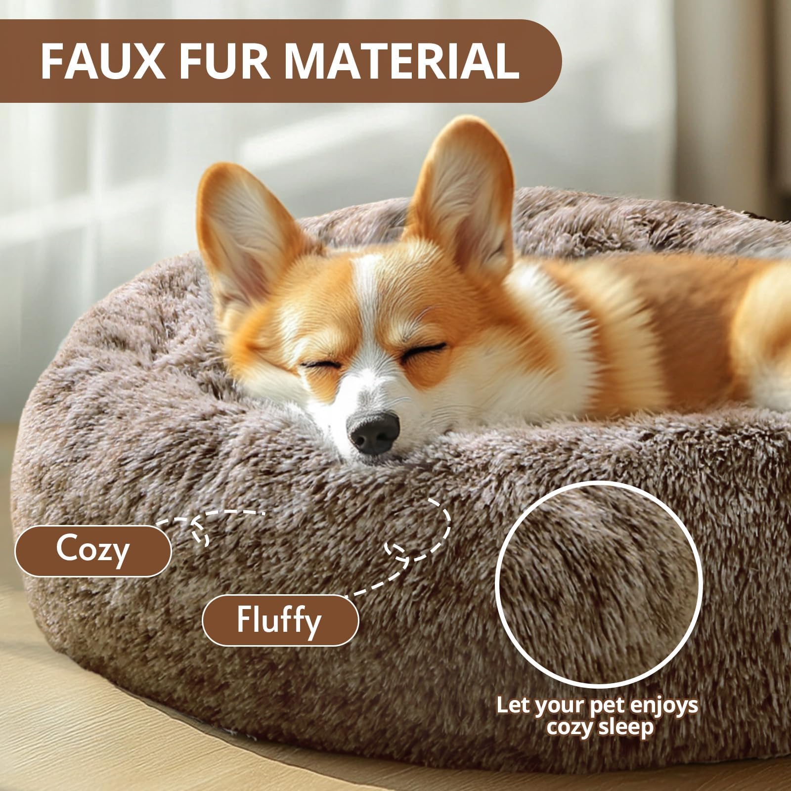 JOLLYVOGUE Large Calming Dog Bed, Fluffy Faux Fur, Anti-Slip, 36" x 36", Smoke Brown, Model SMBN-90