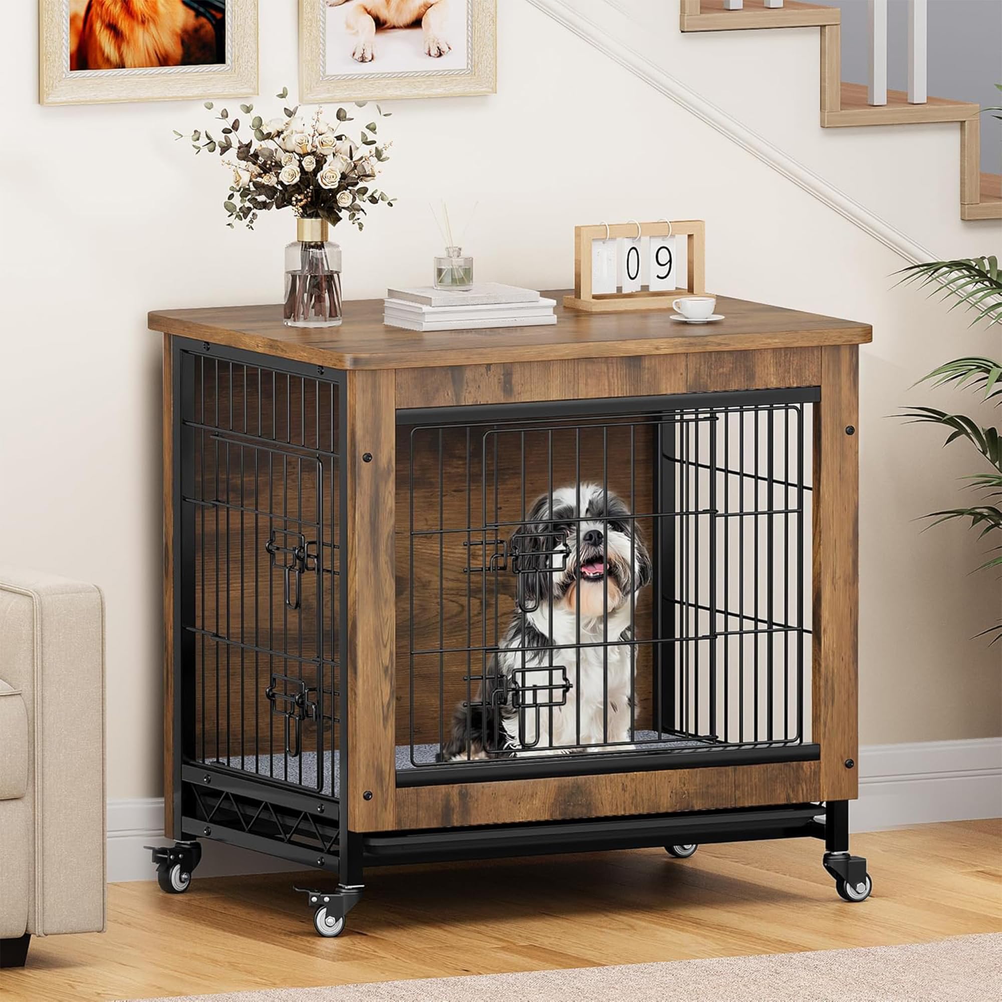 Dwvo Dog Crate Furniture With Wheels, 27'' Dog Kennel Indoor With Cushion, Dog Crate End Table With Tray, Dog Cage With Double D