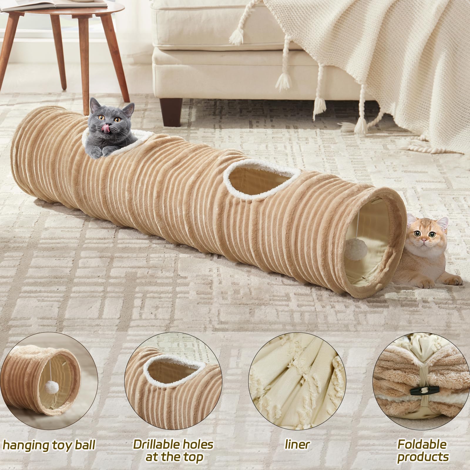 Cat Tunnel for Indoor Cats,Cats Toys Collapsible Tunnel Straight Tube with a Fun Ball and 2 Holes,Cat Play Tunnels,for Rabbits,