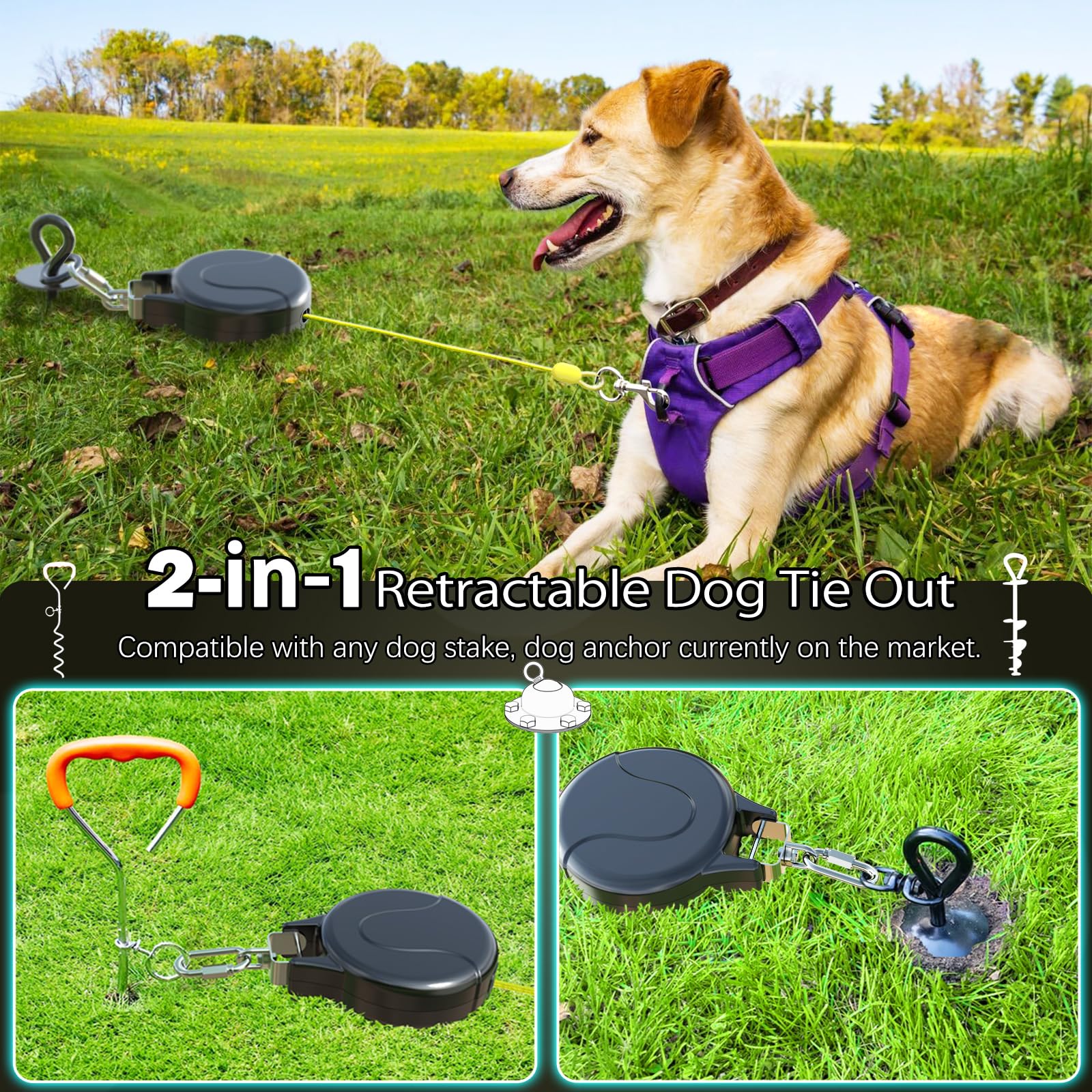 Pestairs 30Ft Dog Tie Out Cable And Retractable Dog Leash, 2-In-1 Lead For Zipline, Aerial Run Cable Trolley Or Anchor, No Tangl