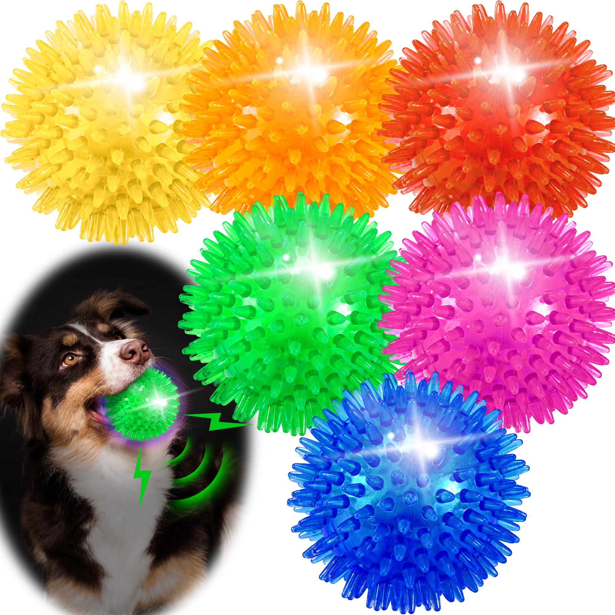 Ousiya 6 Pack 2.5'' Light Up Squeaky Dog Balls, Spiky Dog Toy Balls For Puppy Small,Medium Dogs