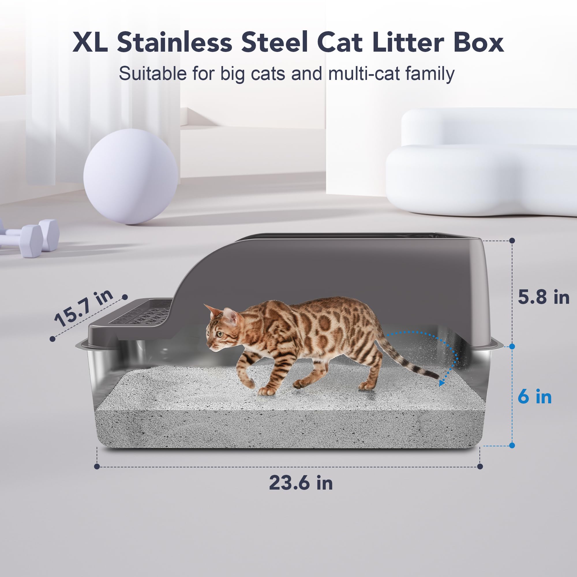 Upsky Stainless Steel Cat Litter Box With Lid, Xl Large Metal Litter Box For Large Breeds, Enclosed Kitty Litter Pan With High S