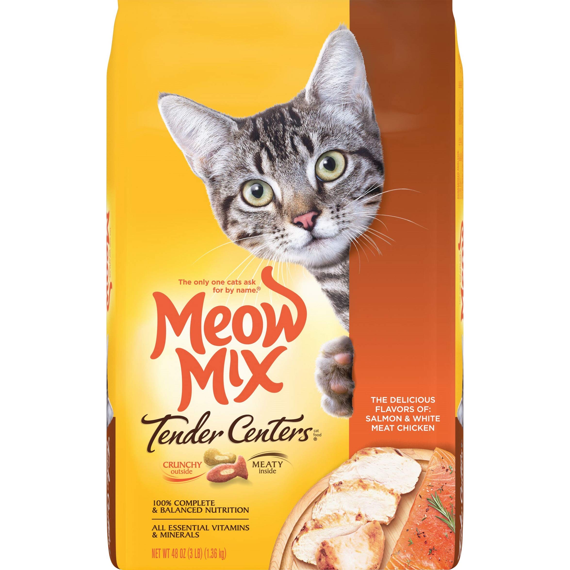 Meow Mix Tender Centers Salmon & White Meat Chicken Flavors Cat Food, 3 Pound (Pack of 4), Crunchy Outside Meaty Inside