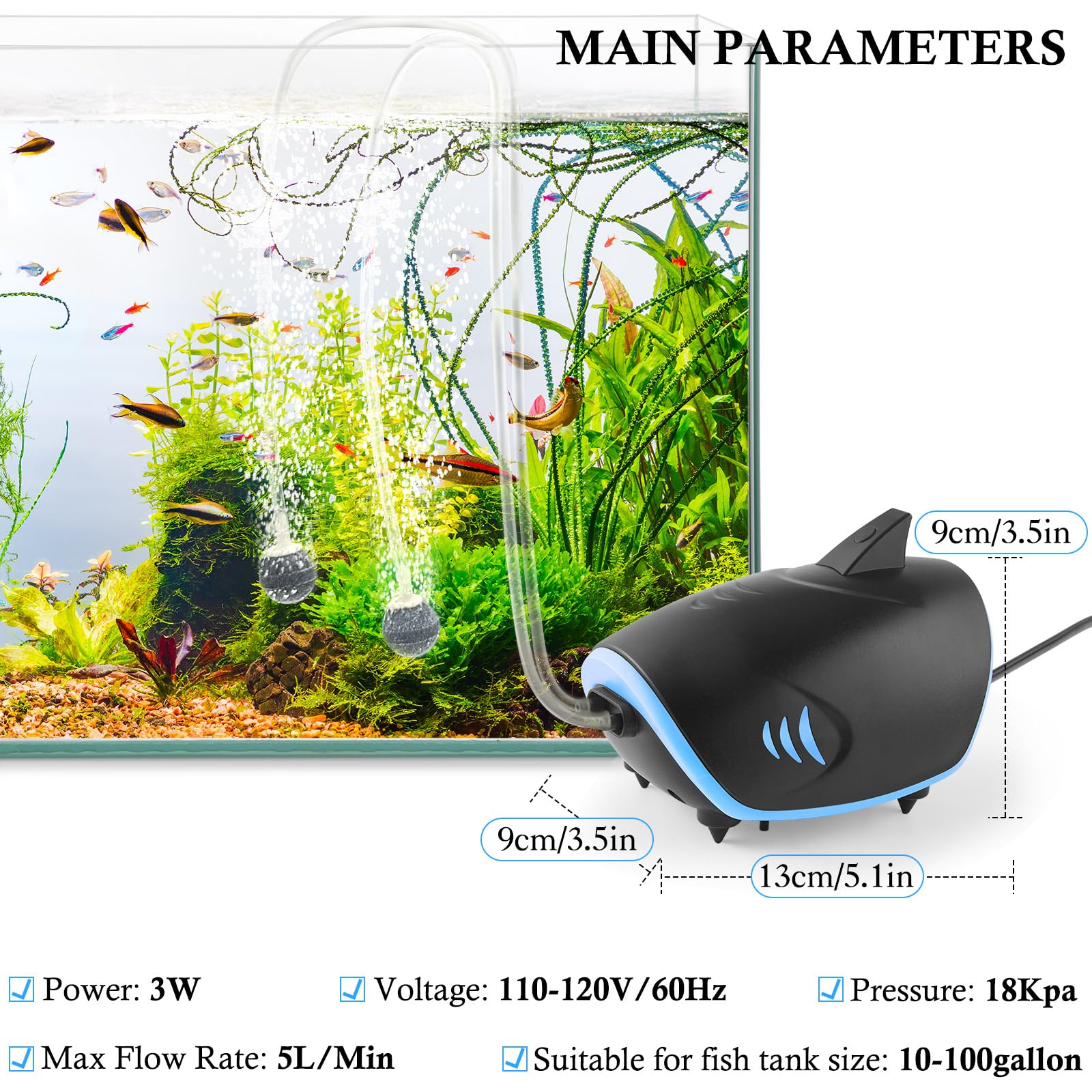 HITOP 3W Quiet Aquarium Air Pump: 80GPH Adjustable Fish Tank Air Pump with Dual Output, Powerful Shark-Shaped Aquarium Aerator,