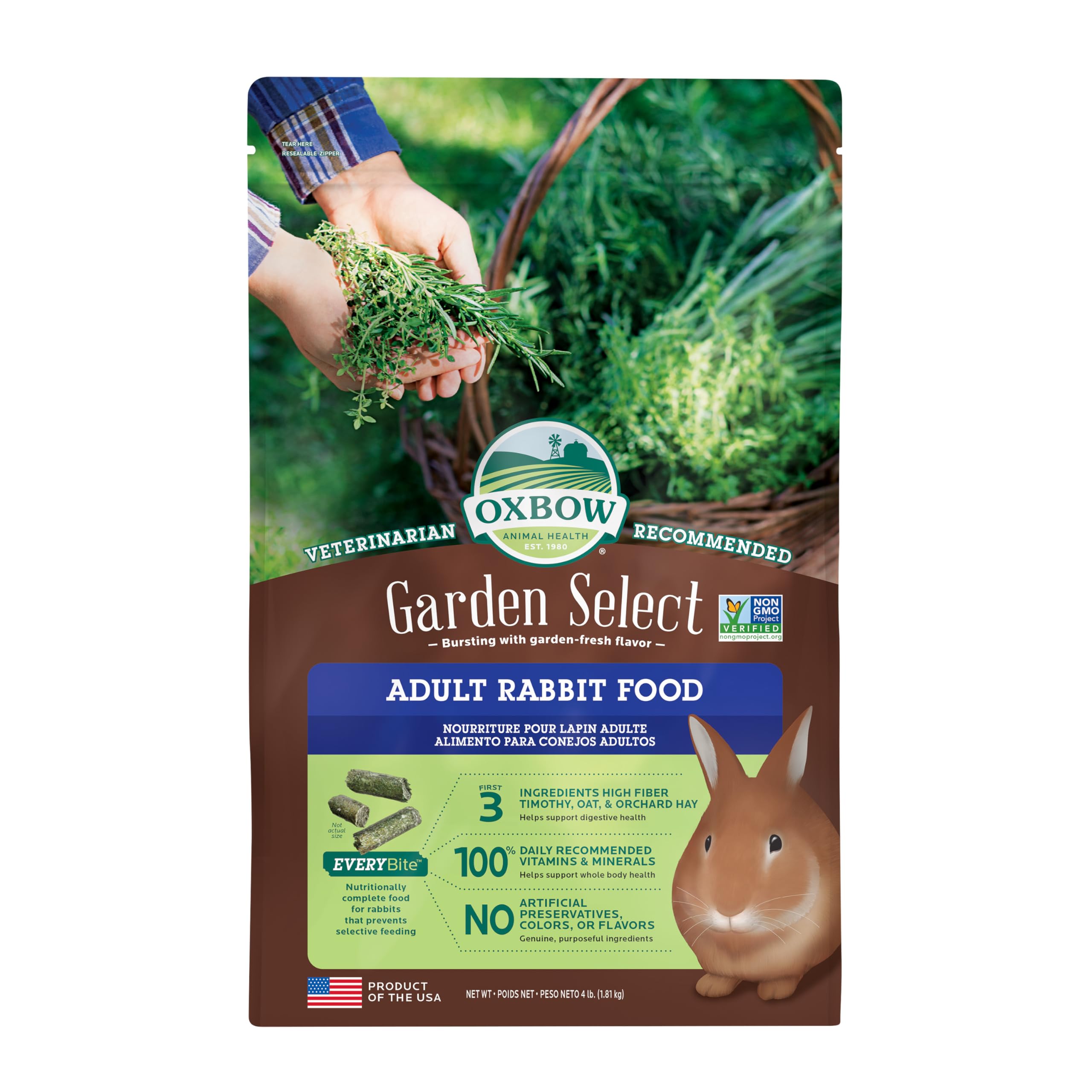 Oxbow Animal Health Garden Select Rabbit Food, Adult Rabbit, Made Timothy Hay, Vitamin & Mineral Rich Pet Food Pellets, Bunny Su