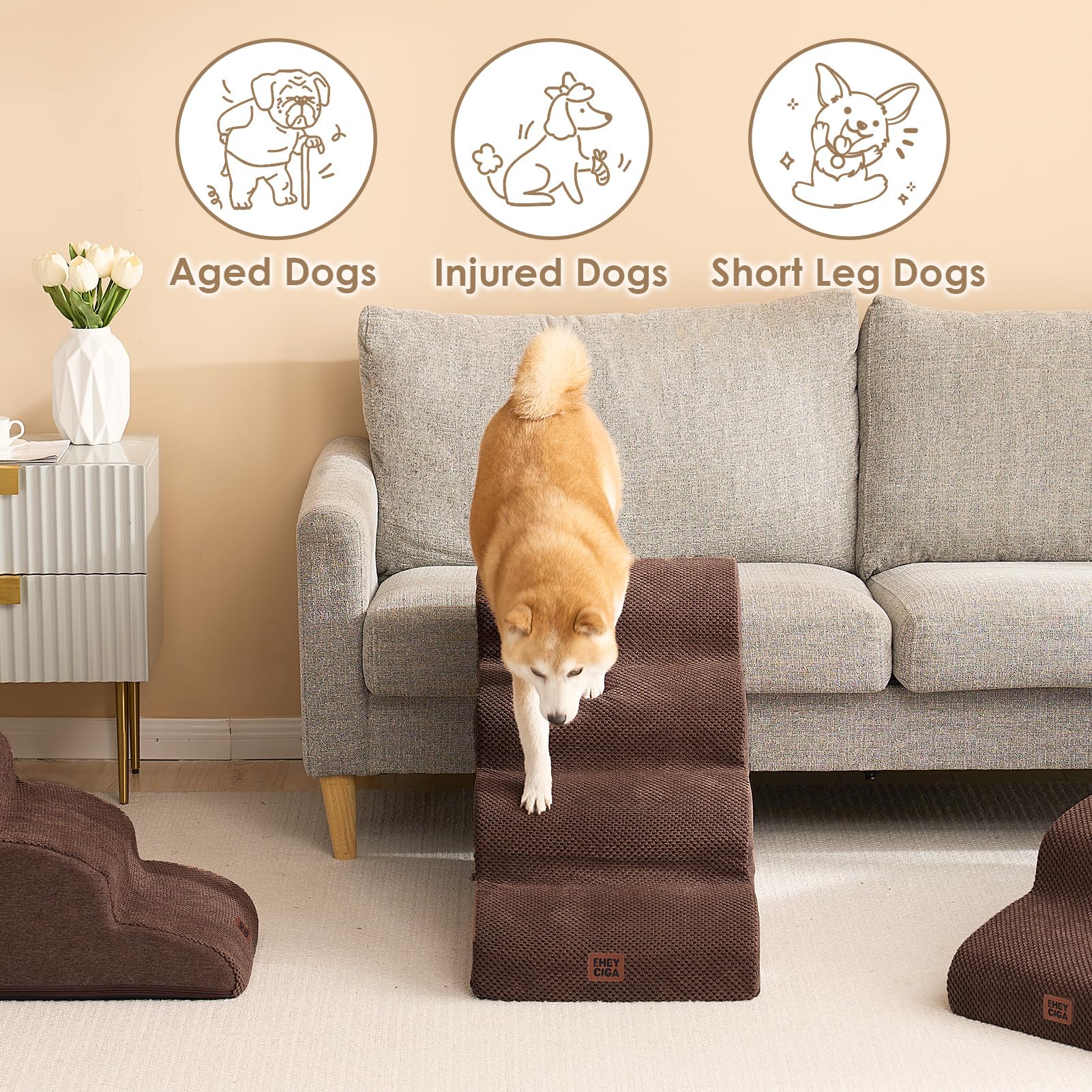 Eheyciga Curved Dog Stairs Ramp For High Beds 19.7' H, 4-Step Dog Steps For Small Dogs And Cats, Pet Stairs For High Bed Climbing, Non-Slip Balanced Pet Step Indoor, Brown