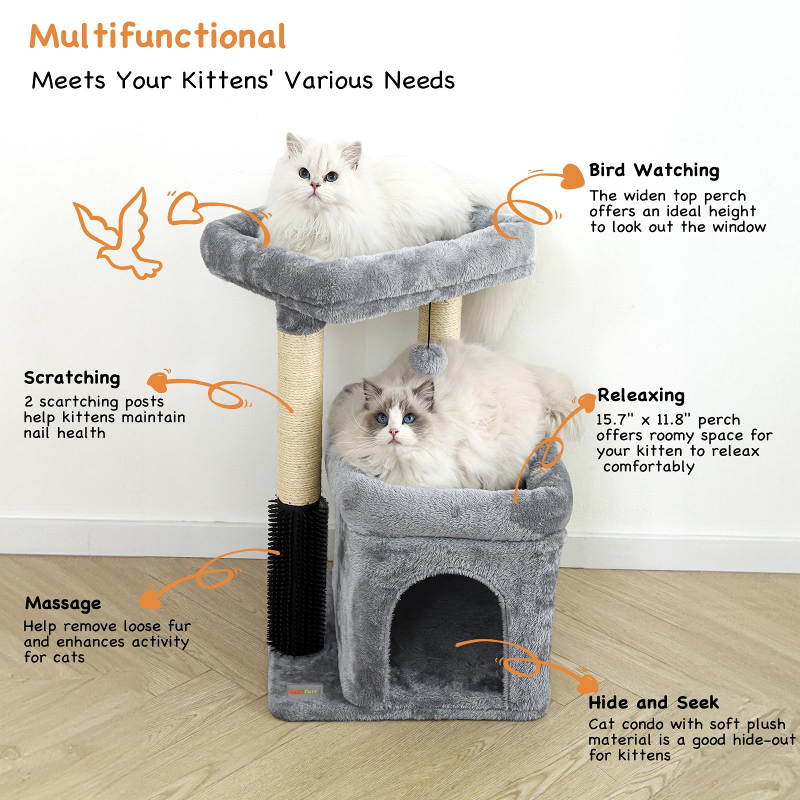 Innsfurr Small Cat Tree With Scratching Post Indoor, Cat Trees For Indoor, Cat Tower With Condo, Plush Cozy Perch, Massage Brush