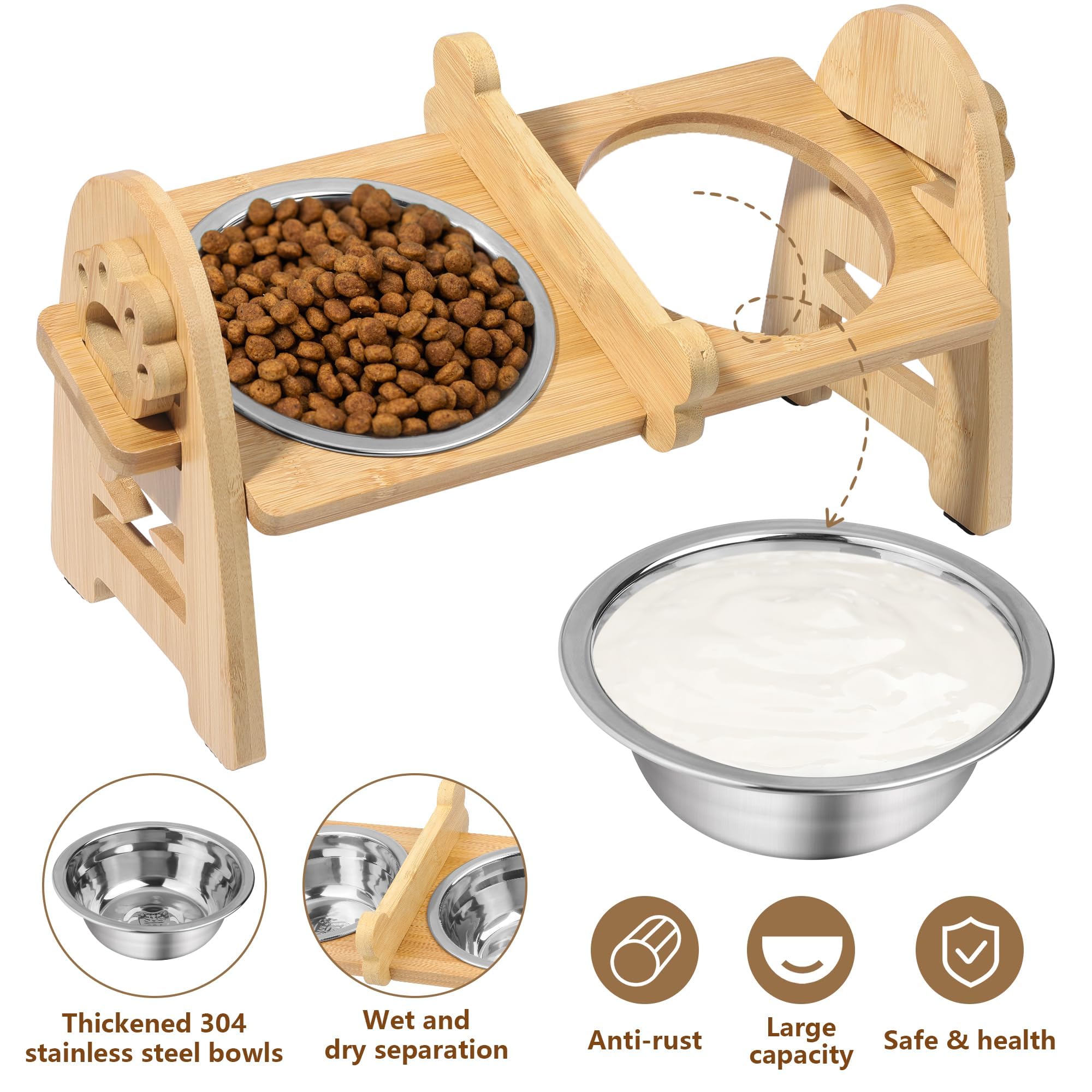 Mceast Elevated Dog Bowls Adjustable Raised Dog Bowls Stand With 2 Pieces 304 Stainless Steel Bowls Bamboo Pet Elevated Bowl Cat