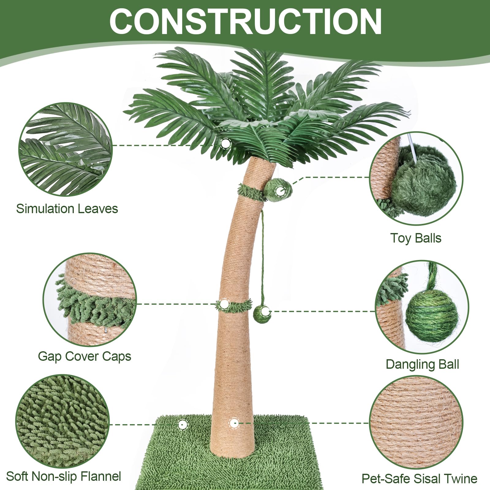 Furlogy 40'' Tall Cat Scratching Post, Curved Design Cat Scratcher Post With 3 Interactive Balls, Natural Sisal Rope Cat Scratch