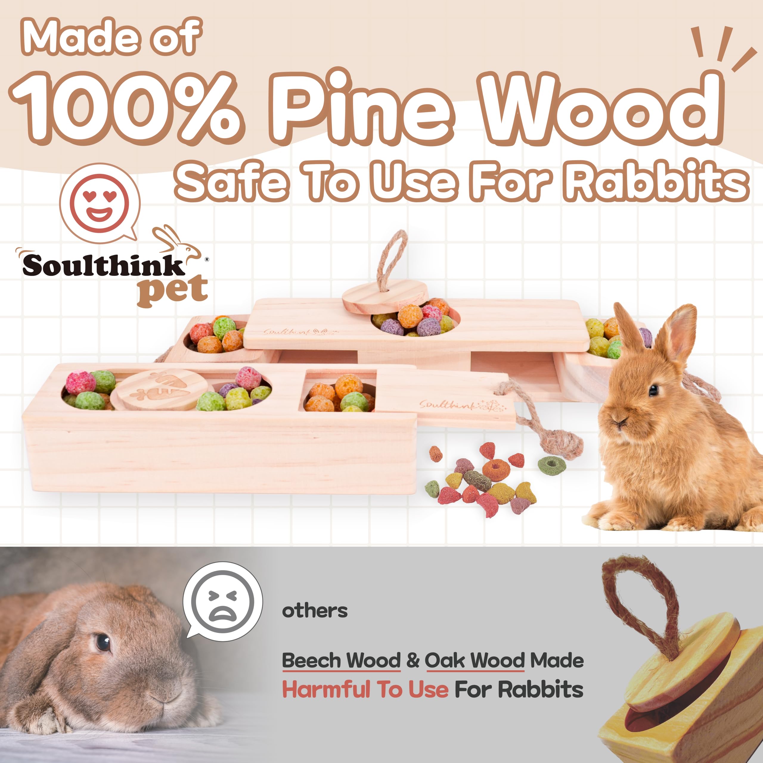 Soulthink Interactive Wooden Pet Sniff N' Snack Rabbit Chew Toys - Chinchilla & Rabbit Enrichment Toys For Boredom (2 Set)