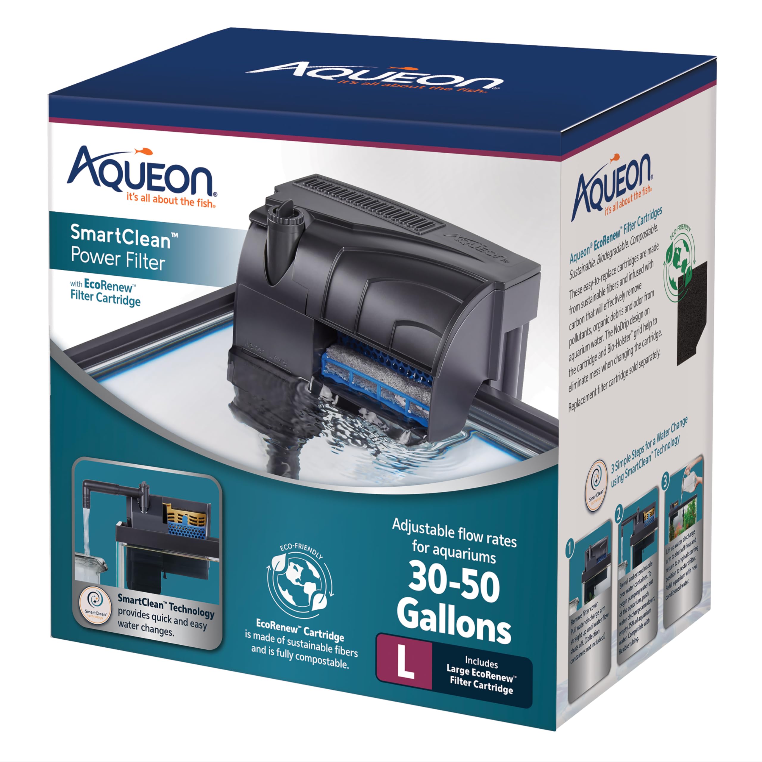 Aqueon Aquarium Fish Tank SmartClean Power Filter with EcoRenew Filter Cartridge, 30-50 Gallons