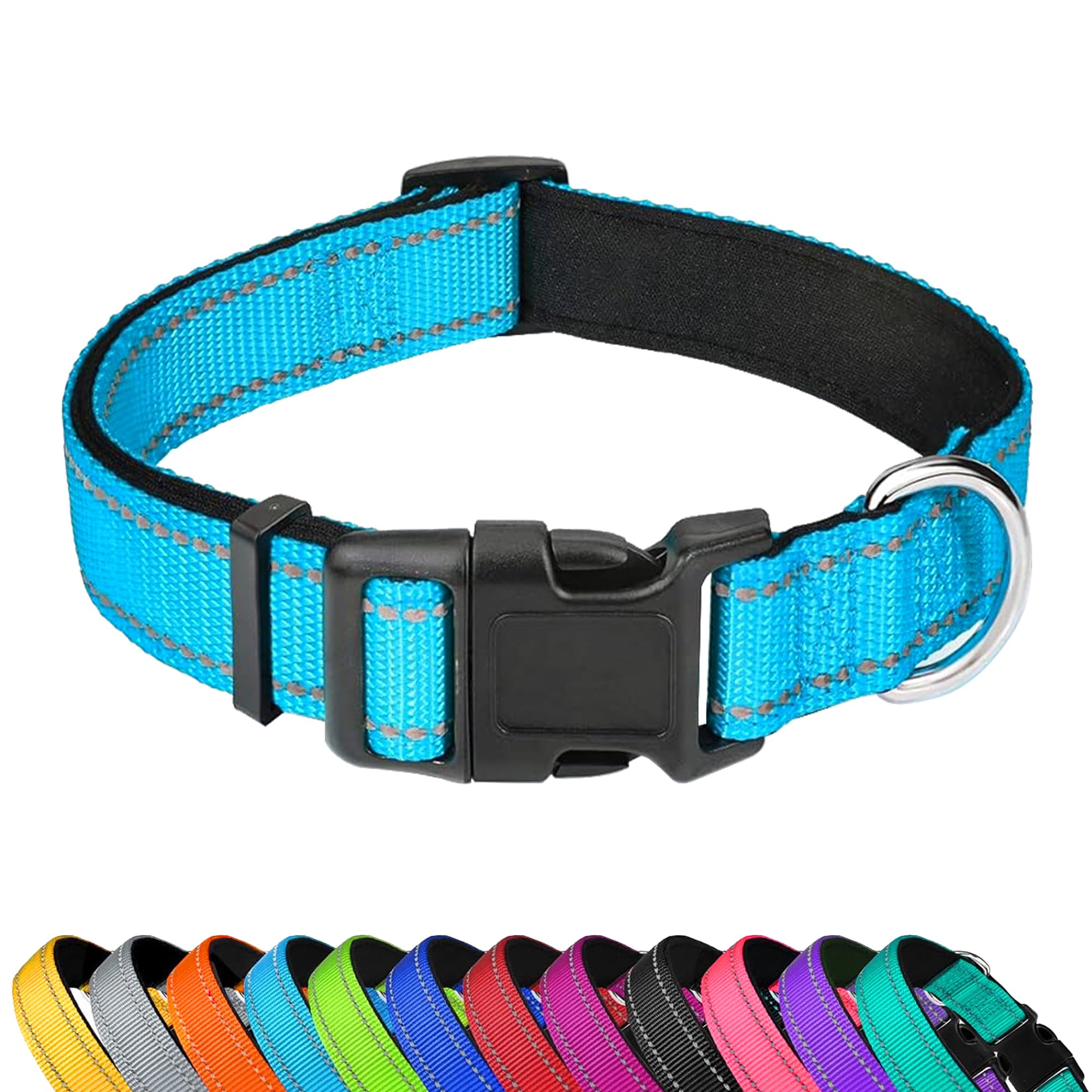 Pwod Reflective Dog Collar, Adjustable Soft Neoprene Padded Nylon Pet Collars With Buckle For Extra Large Dogs, Sky Blue,Xl