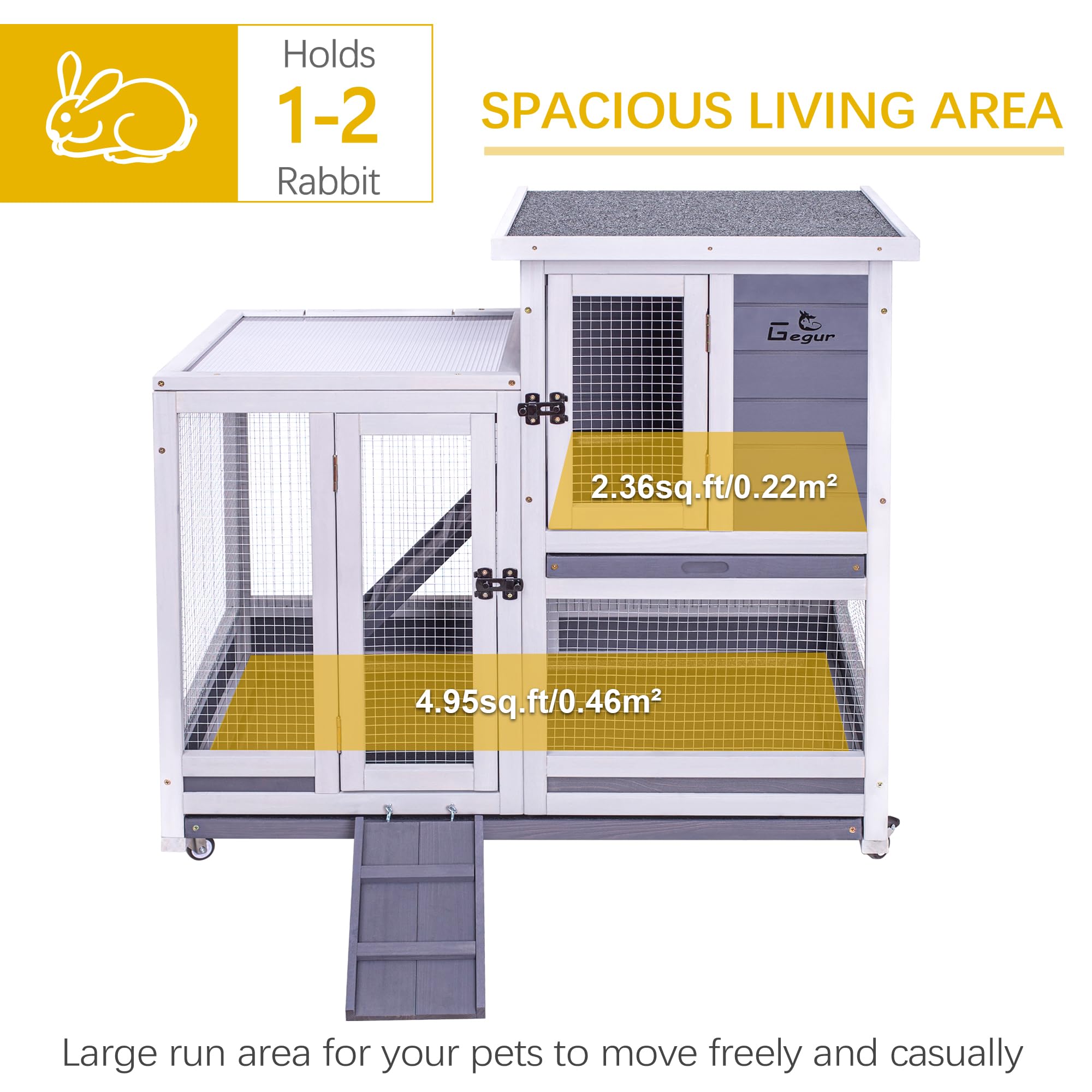 Geguri Rabbit Hutch, Two-Story Indoor Bunny Cage, Outdoor Guinea Pig Cages For Small Animals With Wheels, Removable Tray