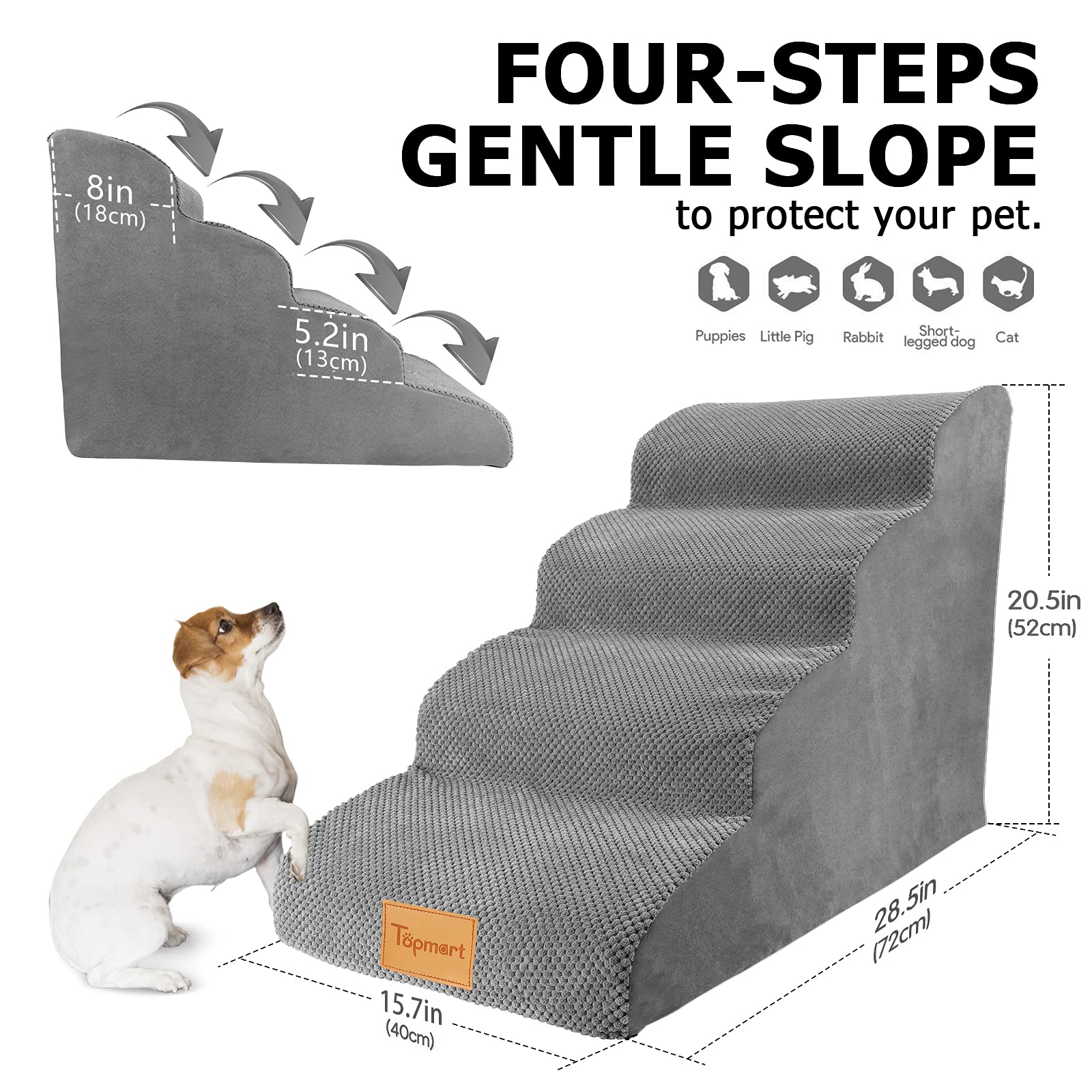 Topmart High Density Foam Dog Steps 4 Tiers,Extra Wide Deep Pet Steps,Non-Slip Pet Stairs,Dog Ramp For Bed,Soft Foam Dog Ladder,Best For Older Dogs Injured,Older Pets,Cats With Joint Pain