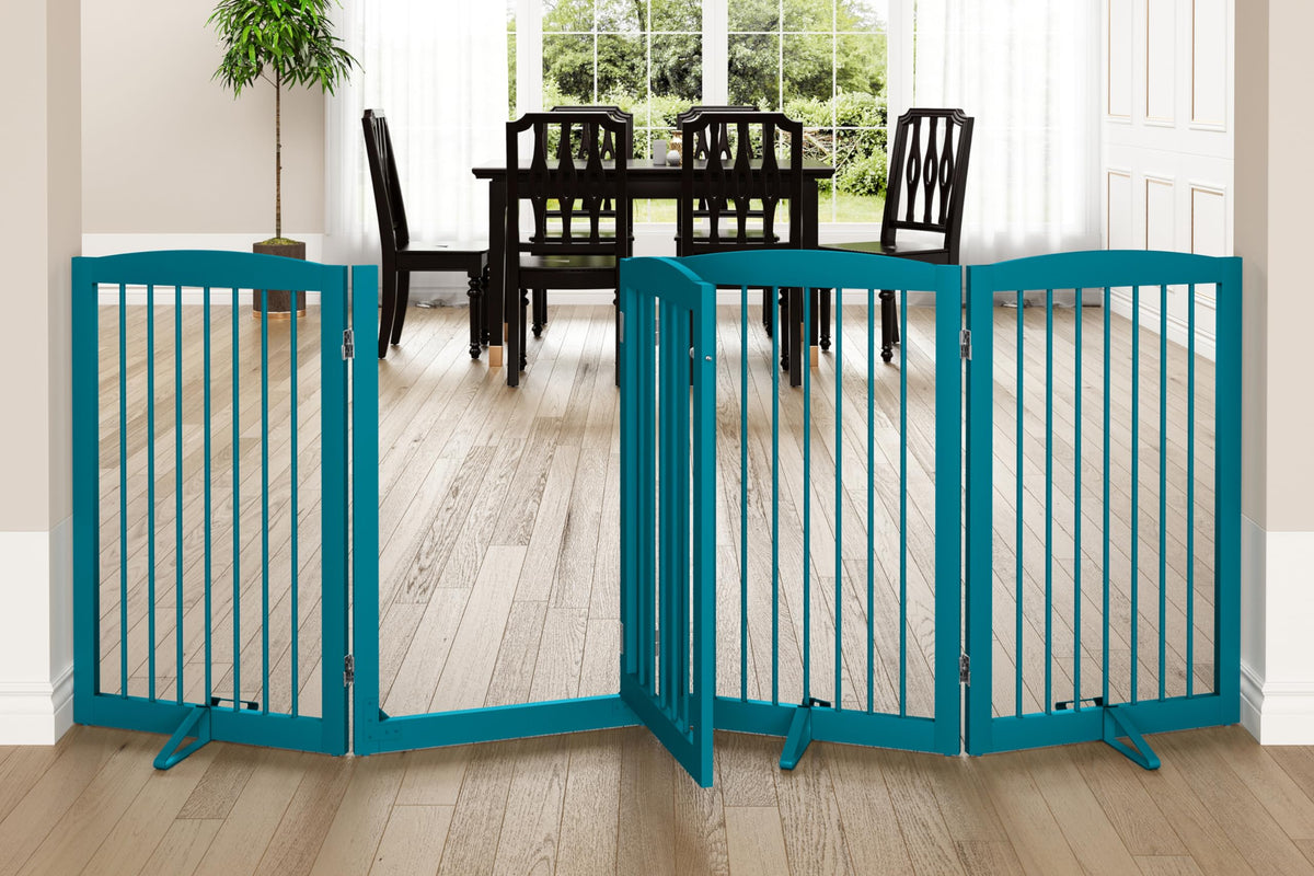 PUPETPO Freestanding Dog Gates with Door Walk Through, Dog Gate for Stairs, 80 inch Wide Dog Gates Indoor, Dog Fences Indoor, Su
