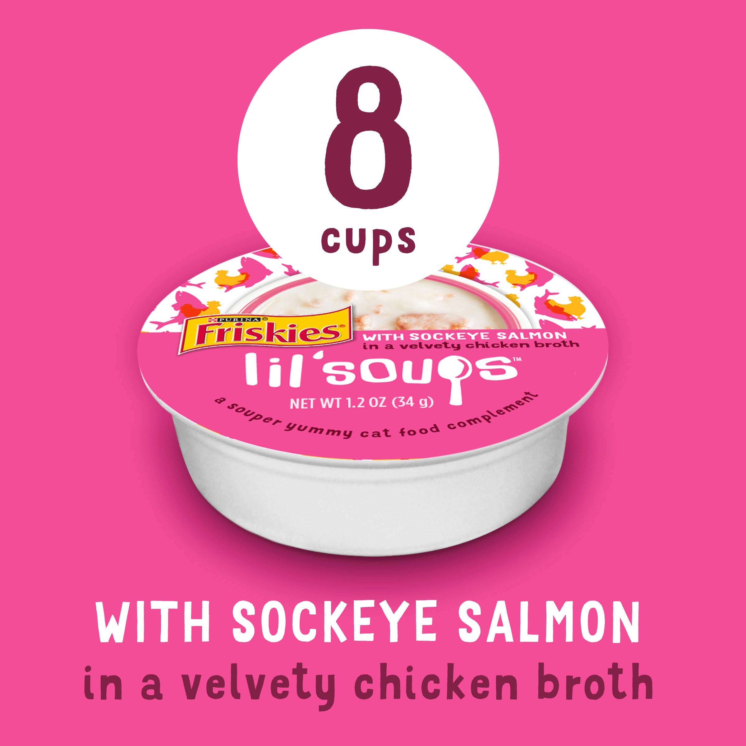 Purina Friskies Grain Free Lickable Cat Food Toppers Lil Soups With Sockeye Salmon in Chicken Broth - (Pack of 8) 1.2 oz. Cups