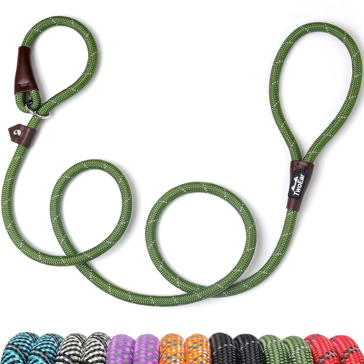 Twoear Dog Leash Dog Slip Rope Leash 6Ft Dog Training Leash Heavy Duty Strong Slip Lead Highly Reflective Threads For Small Medium And Large Dogs (Slim(3/8''X6Ft), Green)