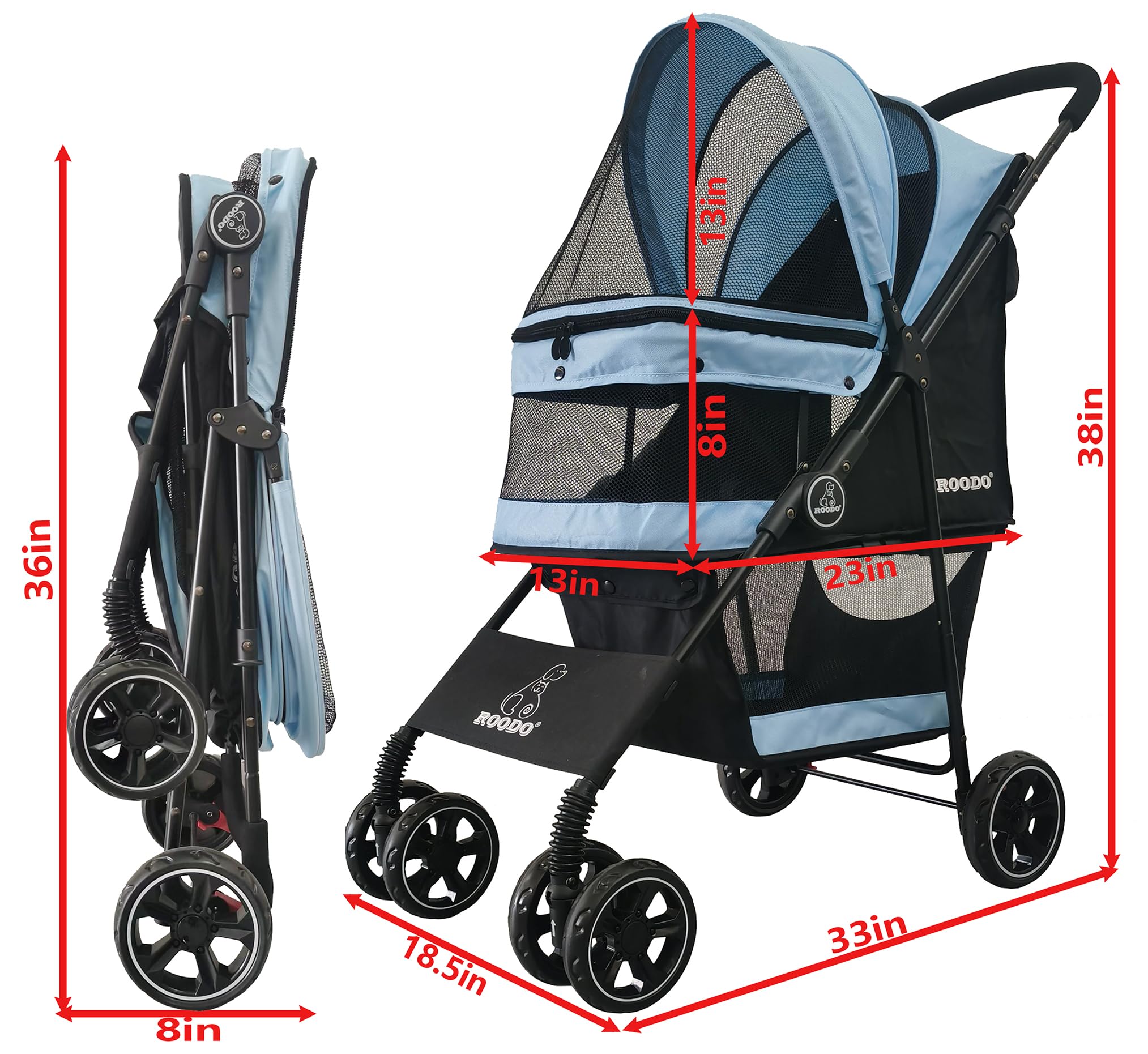 Roodo 4 Wheel Dog Cat Pet Stroller Best Lightweight Foldable Compact Portable Jogger All Terrain Travel Pet Gear Puppy Doggie Bu