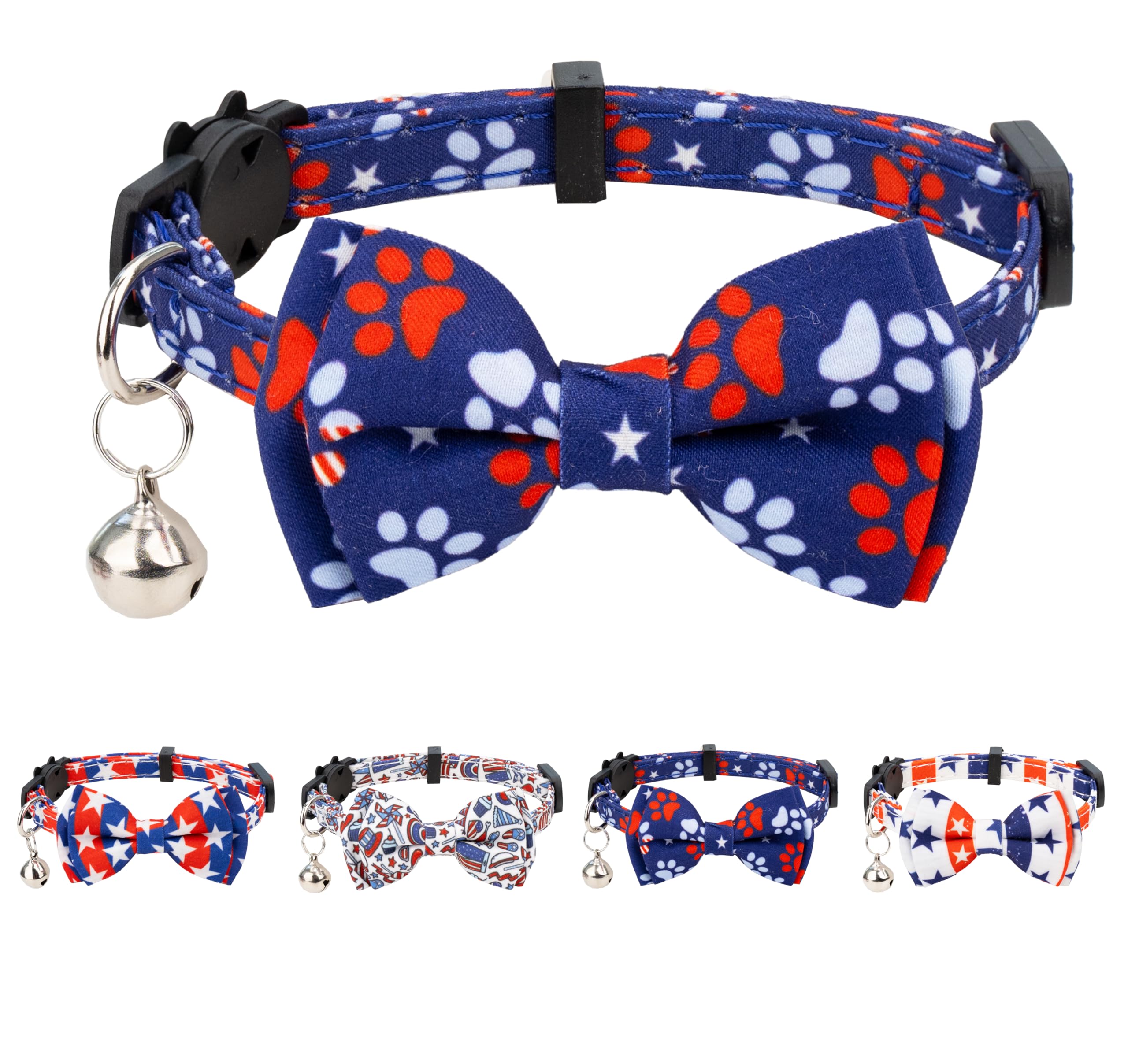 Gyapet Cat Collar With Bowtie Bell Safety Breakaway Kitten 7-11In 4Th Of July Independence Day Adjustable Us Flag-Paws