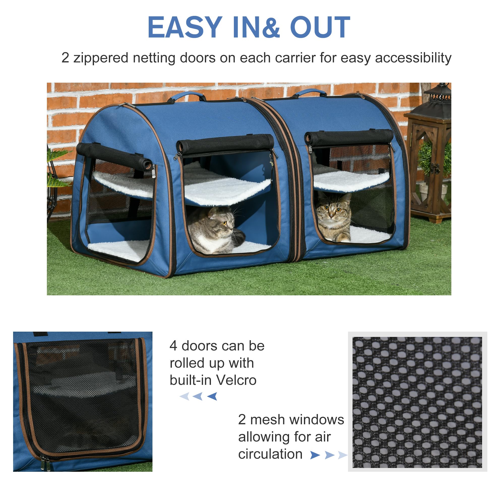 Pawhut 39' Portable Soft-Sided Cat Carrier, Travel Pet Carrier With Divider, Two Compartments, Soft Cushions, & Storage Bag, Blue