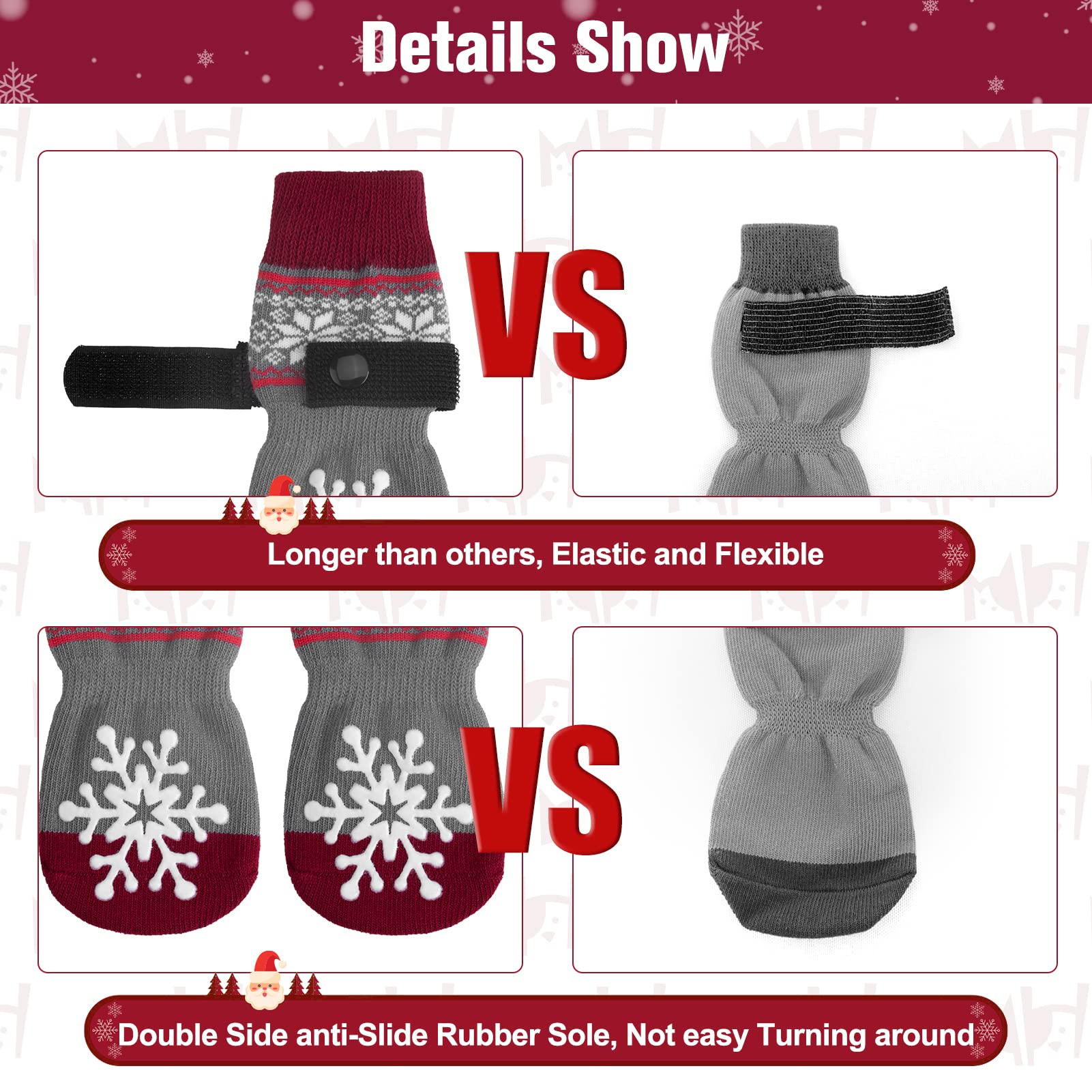 Beautyzoo Christmas Winter Anti-Slip Dog Socks With Grips Traction Control For Small Medium Large Dogs, Non Skid Indoor Double Side Pet Paw Protector For Hardwood Floor Wear, Snowflake L
