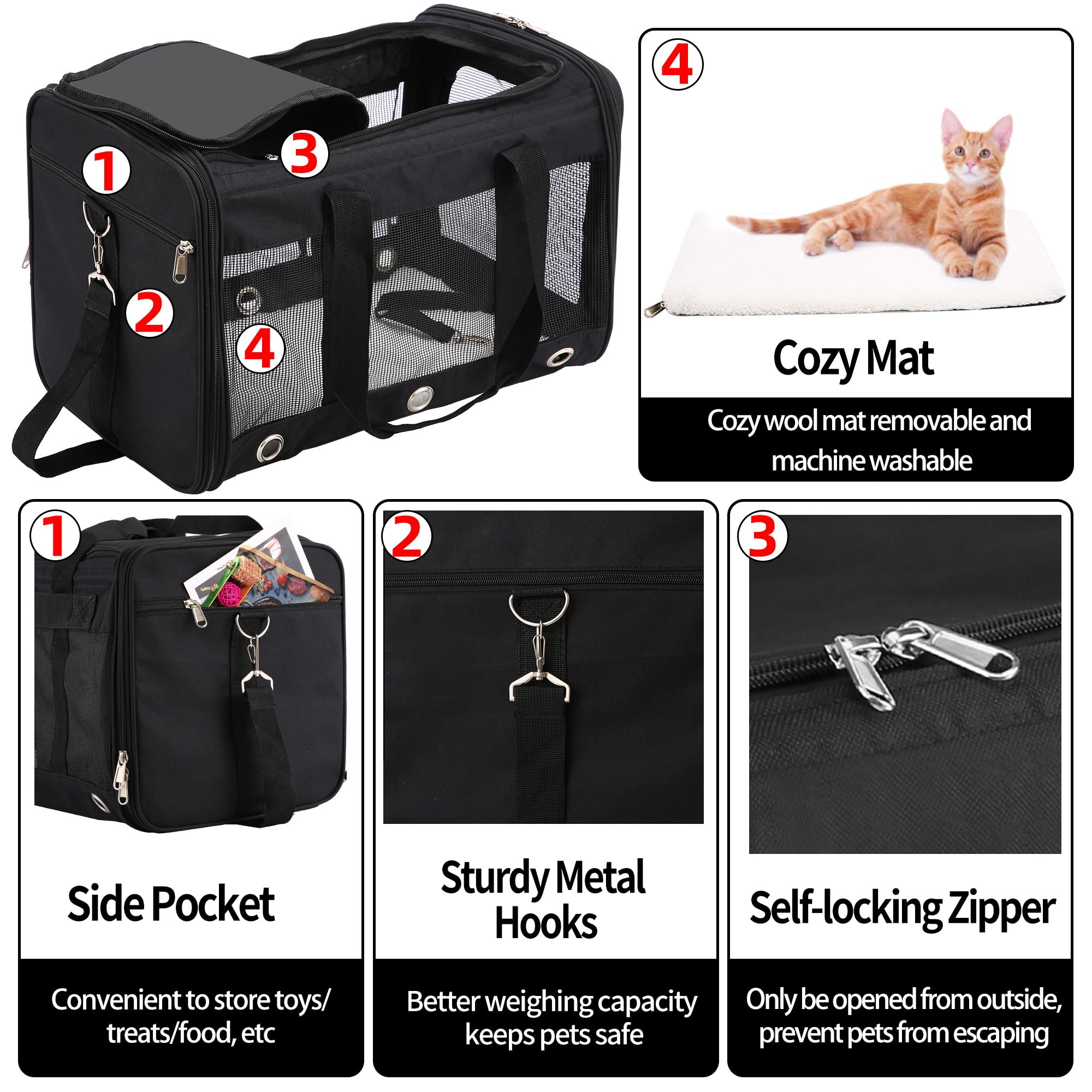 Soft Sided Cat/Dog Carrier,Collapsible Pets Travel Carriers For Pet/Puppy With Shoulder Strap & Removable Mat,Mesh Top Load Small Dogs/Cats Carry Bag Up To 17 Lbs Tsa Airline Approved(Black,M)