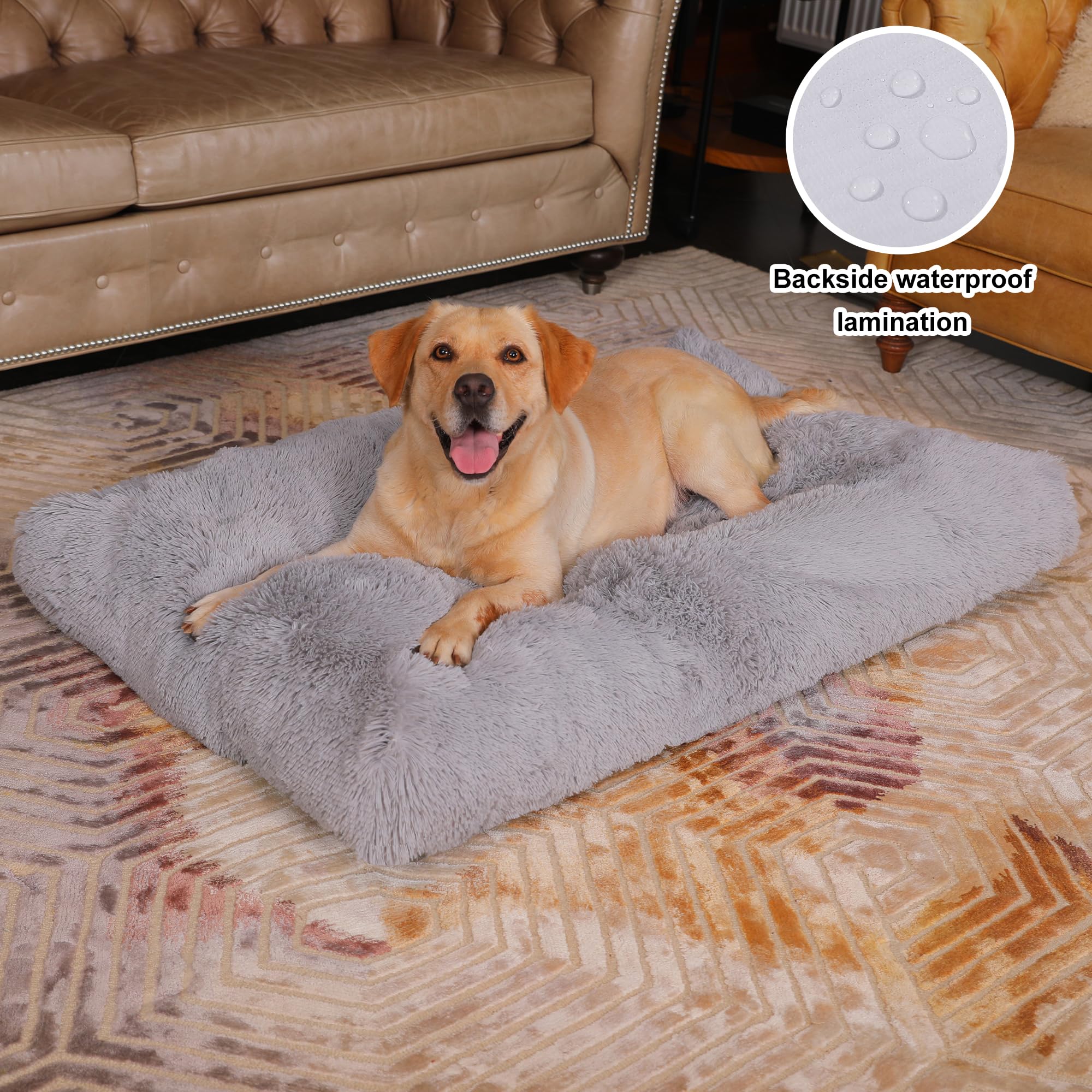 Bedfolks Waterproof Crate Bed, Plush Pad With Removable Cover, Faux Fur For Xxl Dogs, Fluffy Washable Kennel Bed 47''X29'', Soli