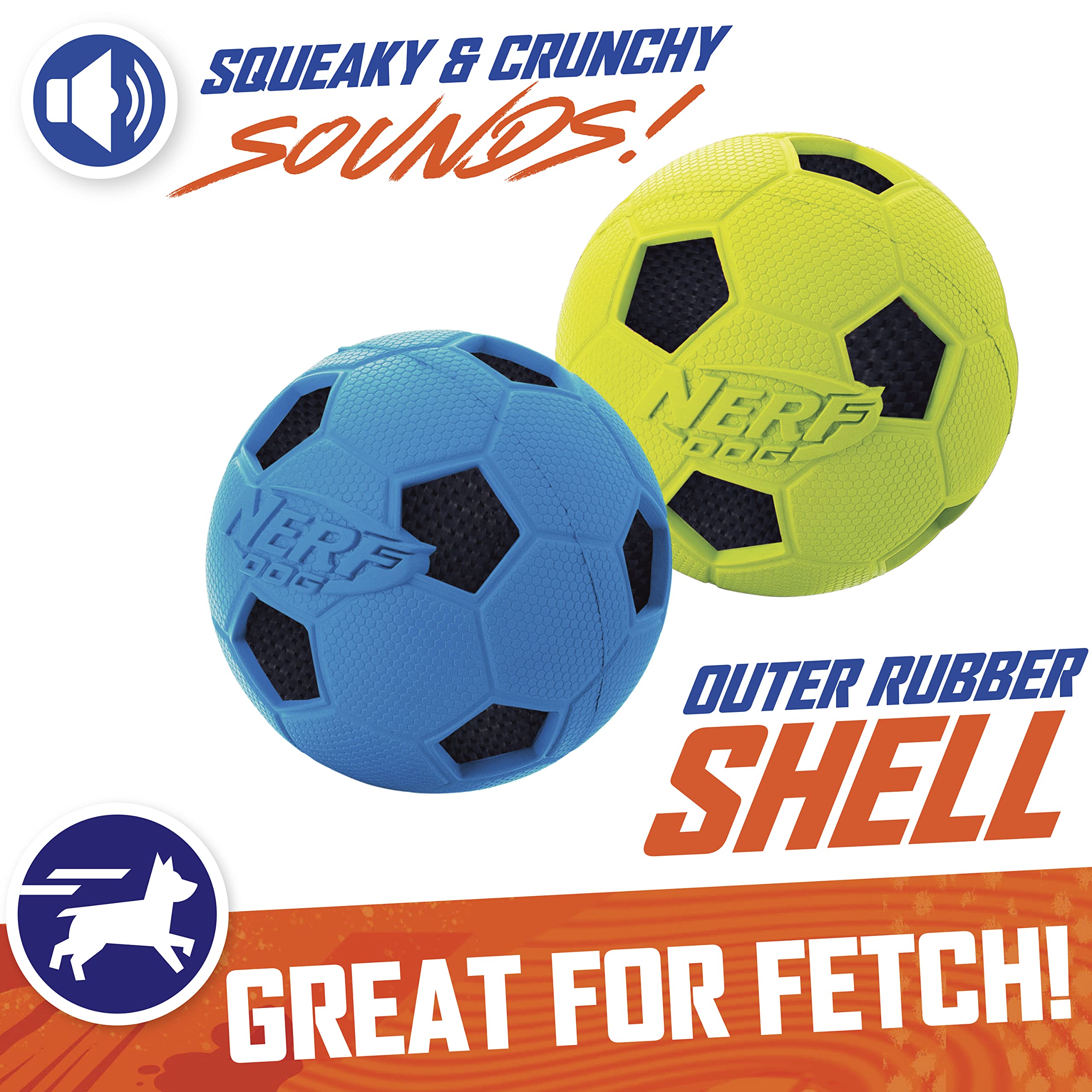 Nerf Dog Soccer Ball Dog Toy With Interactive Crunch, Lightweight, Durable And Water Resistant, 3 Inches, For Small/Medium/Large Breeds, Two Pack, Blue And Green