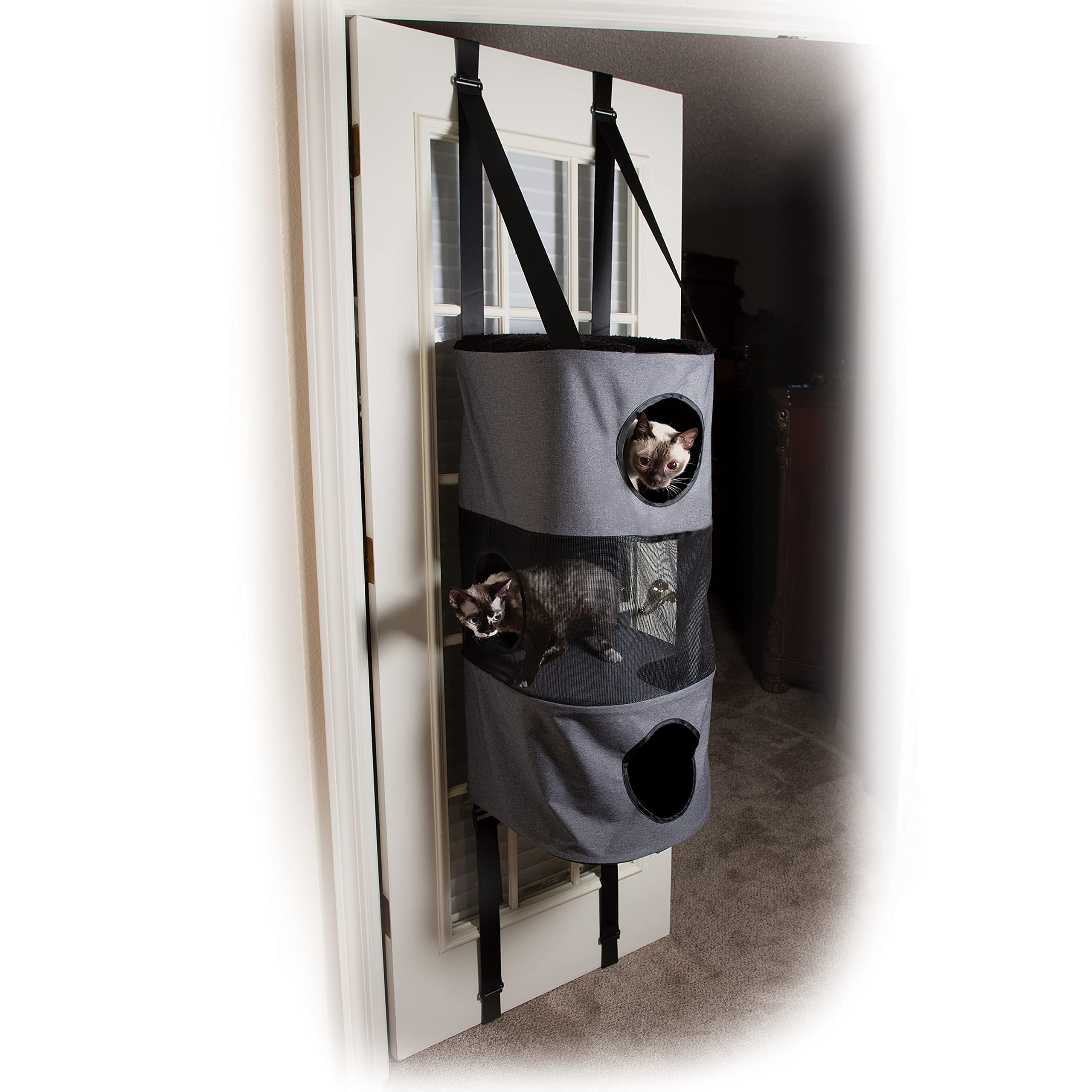 K&H Pet Products Hangin Cat Tree Condo 3 Level Door Mounted Cat Furniture, Space Saving, Mesh Level, Peep Holes, Interconnecting