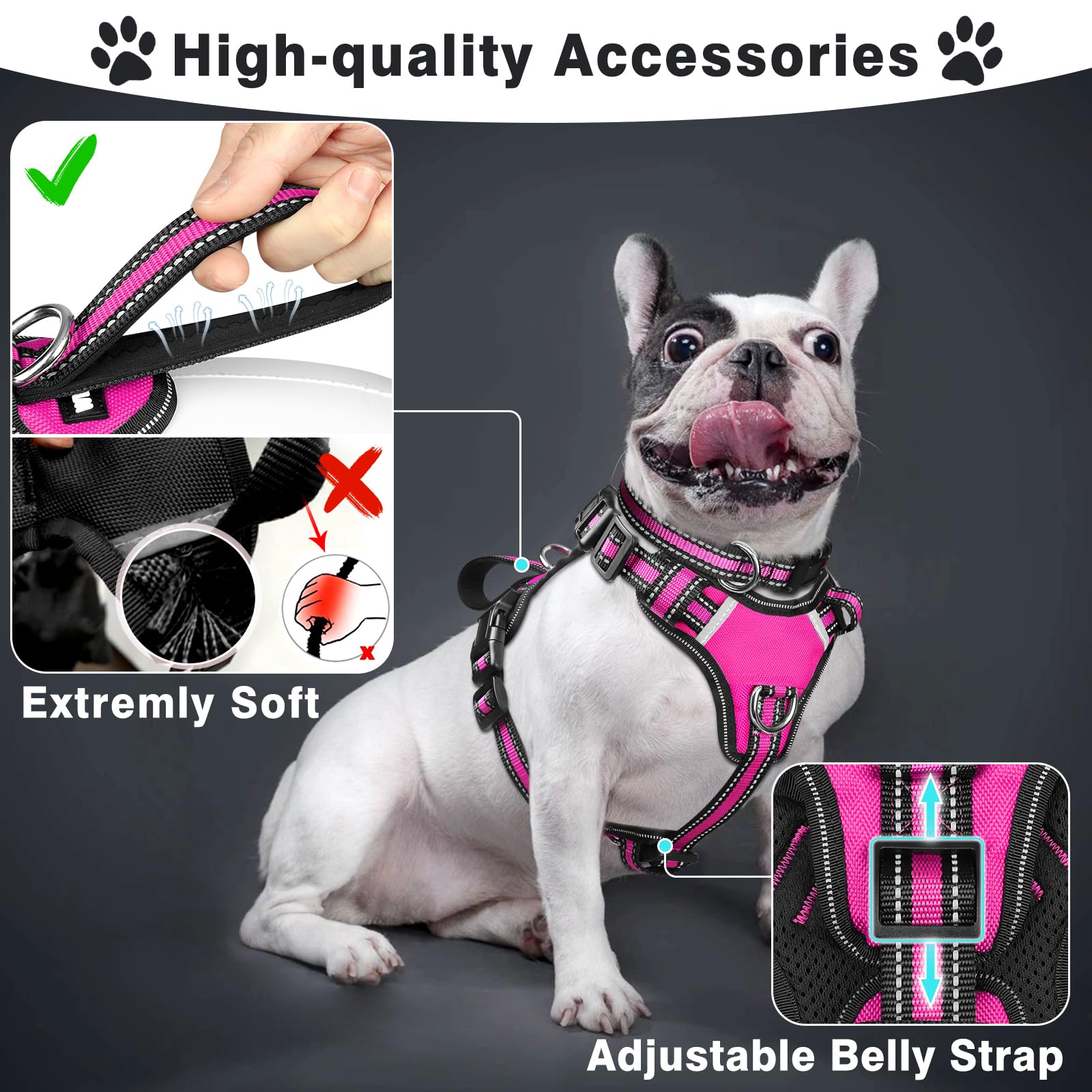 Winsee Pet Harness Collar And Leash Set, All-In-One Reflective Dog Harness No Pull With Adjustable Buckles For Puppies, Small, Medium, Large, And Extra-Large Dogs (Large, Rosy)