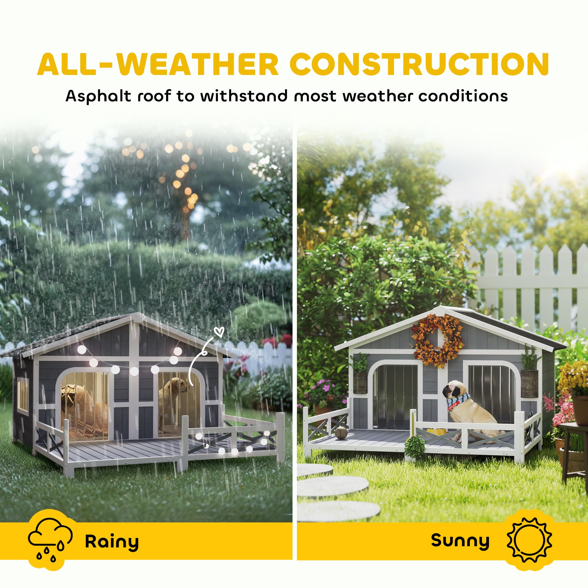 PawHut Dog House Outdoor, Wooden Dog Kennel Weatherproof with Porch, Double Room, Openable Roof, Removable Bottom, Elevated Floo