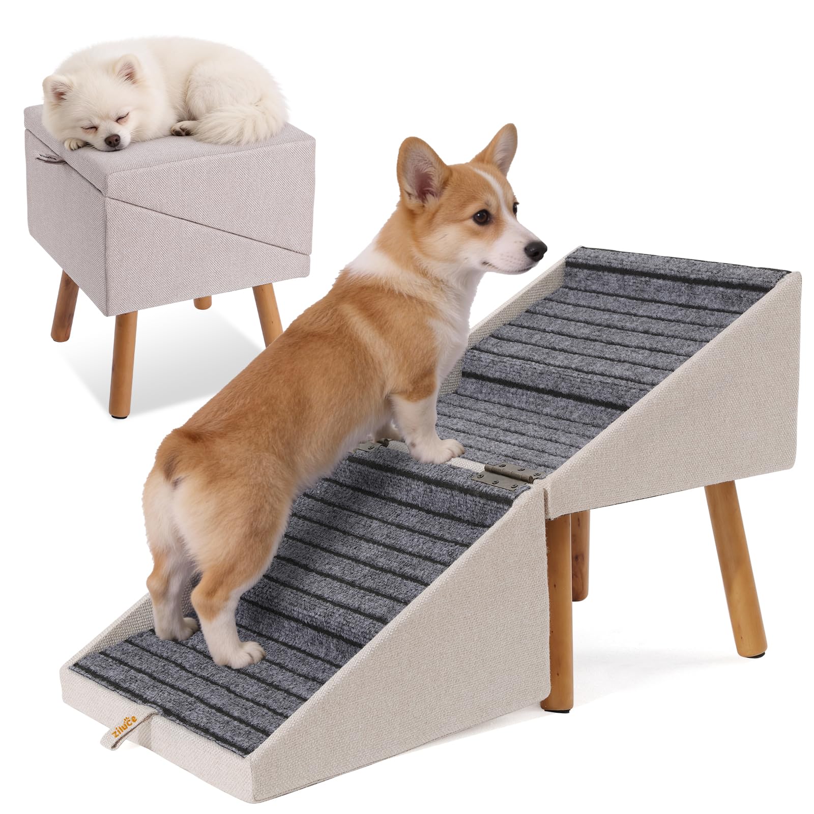 17.13 H Dog Stairs for Small Dogs, 2-in-1 Pet Steps & Ottoman - Foldable Dog Stairs for Couch, Non-Slip Wooden Pet Stairs for Pu
