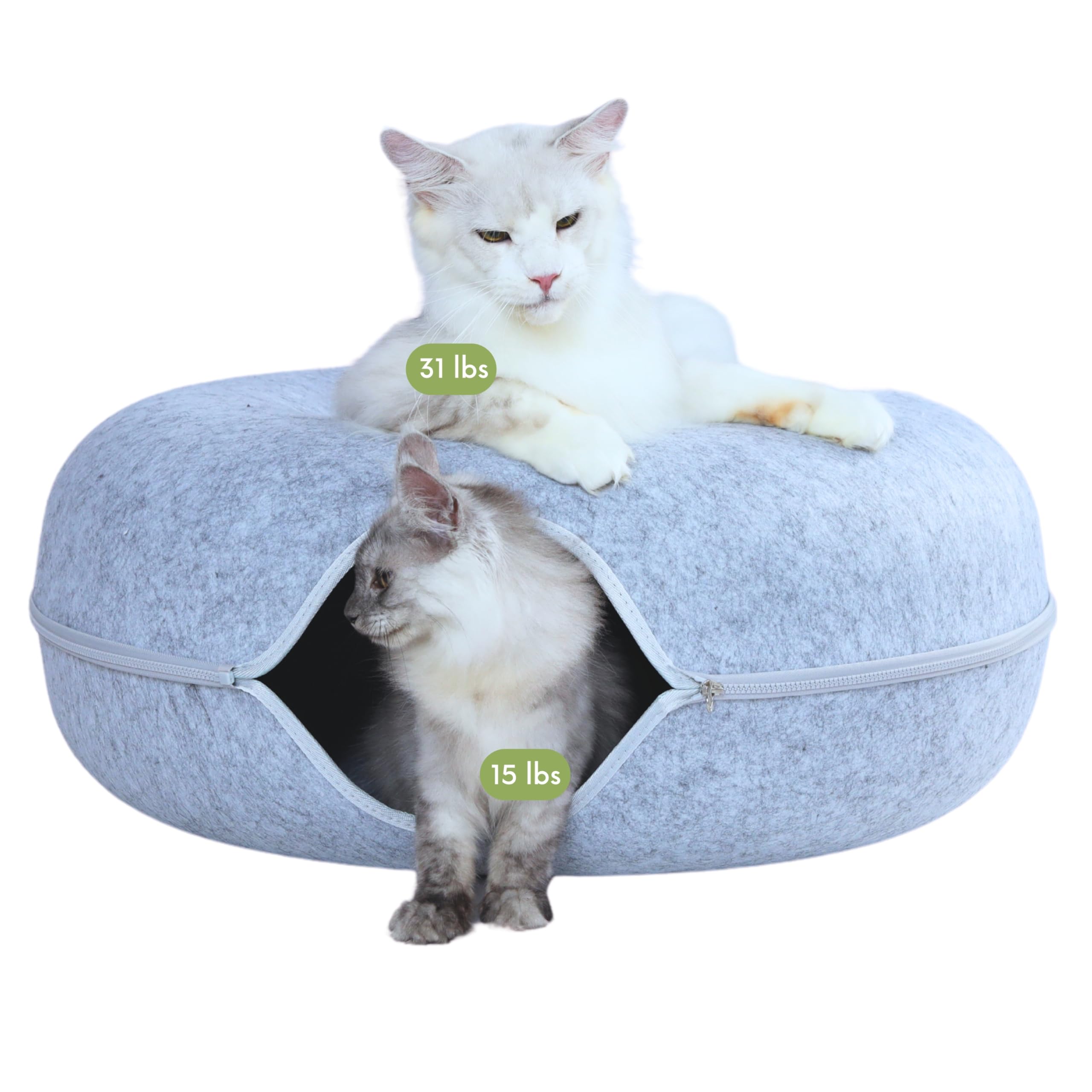 Cattasaurus Peekaboo Cat Cave For Multiple & Large Cats Up To 30-45 Lbs, Scratch Detachable & Washable Tunnel Bed, Comfy Donut Cat Cave (Light Gray, Jumbo)