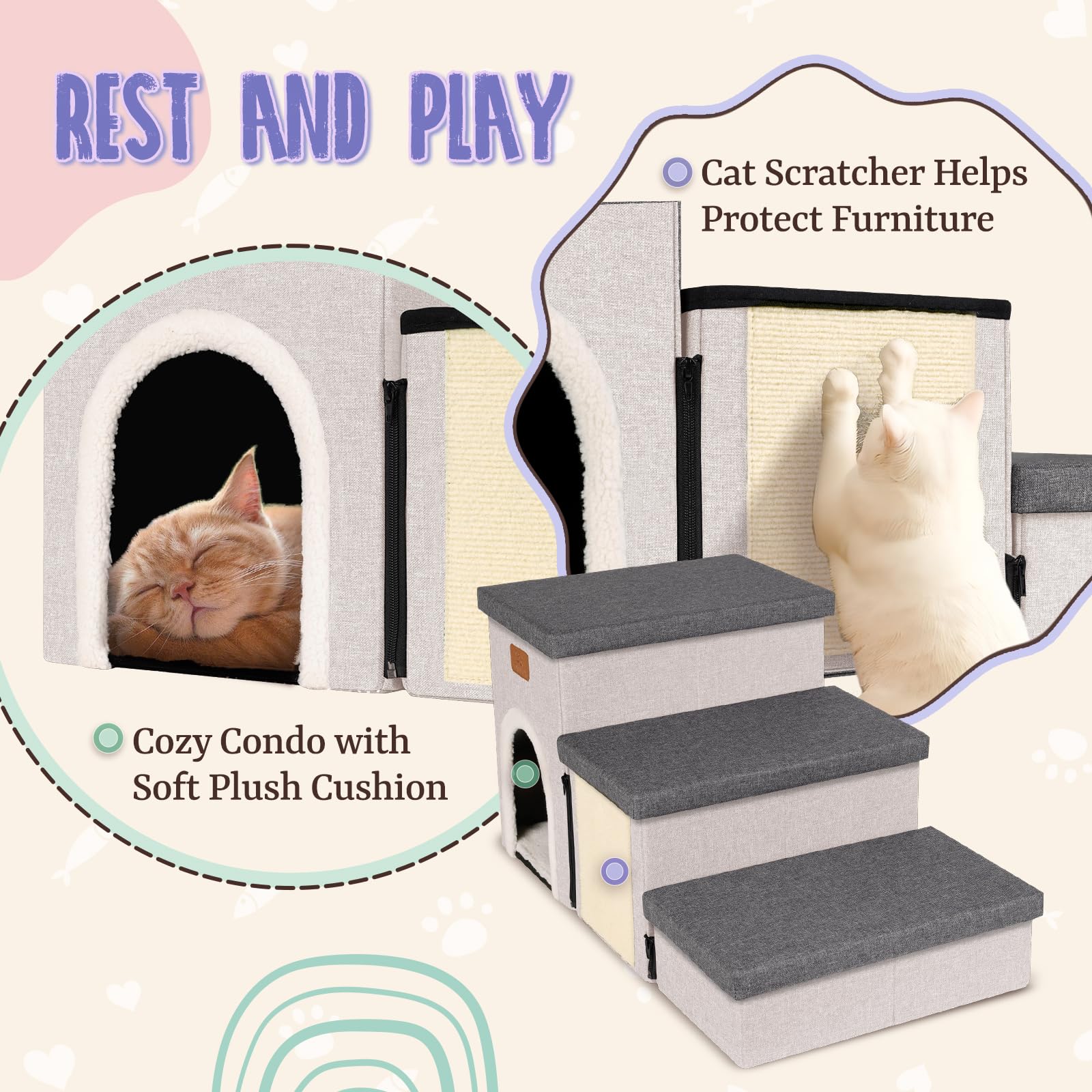 Downluxe Dog Stairs For Small Dogs, Foldable Dog Steps For Bed, Sofa And Chair, Non-Slip Pet Steps With Cat Scratcher And Condo