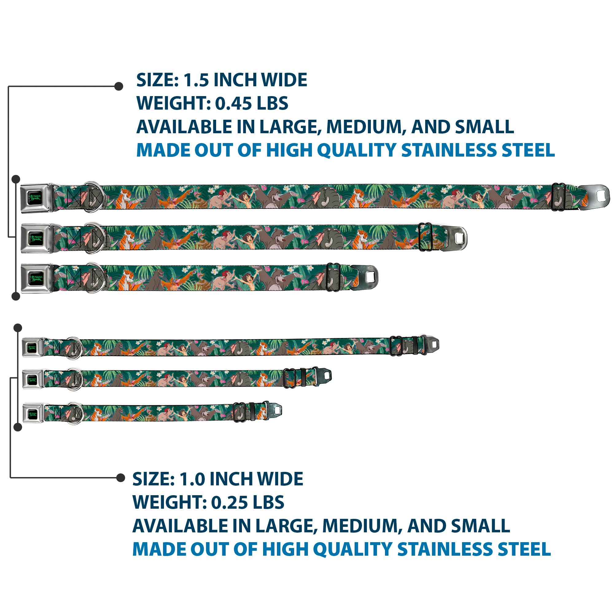 Buckle-Down Dog Collar Seatbelt Buckle The Jungle Book 8 Character Group Greens, Multicolor, 1.5'' Wide - Fits 18-32'' Neck - La
